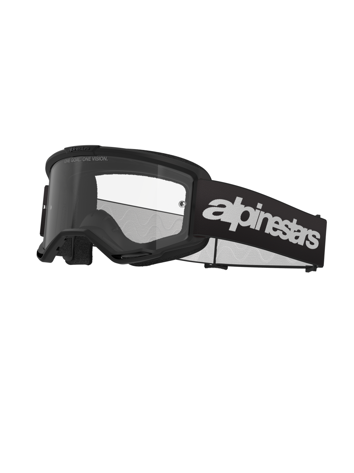 Alpinestars Vision 3 Wordmark Goggles, gogle motocrossowe, czarno-przezroczyste, z wyraźnym białym napisem Alpinestars na pasku, przezroczysta soczewka z hasłem „ONE GOAL. ONE VISION.” i minimalistyczna oprawka