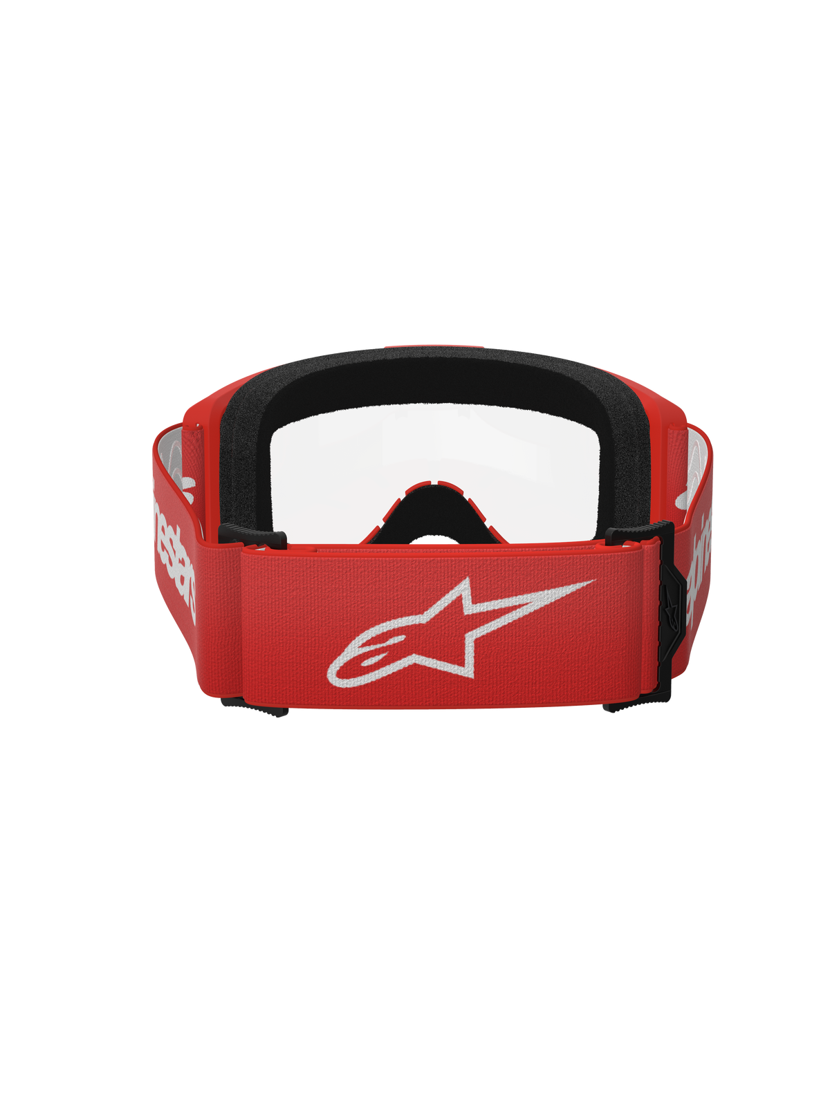 Alpinestars Vision 3 Wordmark Goggles, gogle motocrossowe, czerwone i przezroczyste, widok z tyłu przedstawiający czerwony tkany pasek z dużym białym logo Alpinestars i czarną piankową wyściółką na twarz