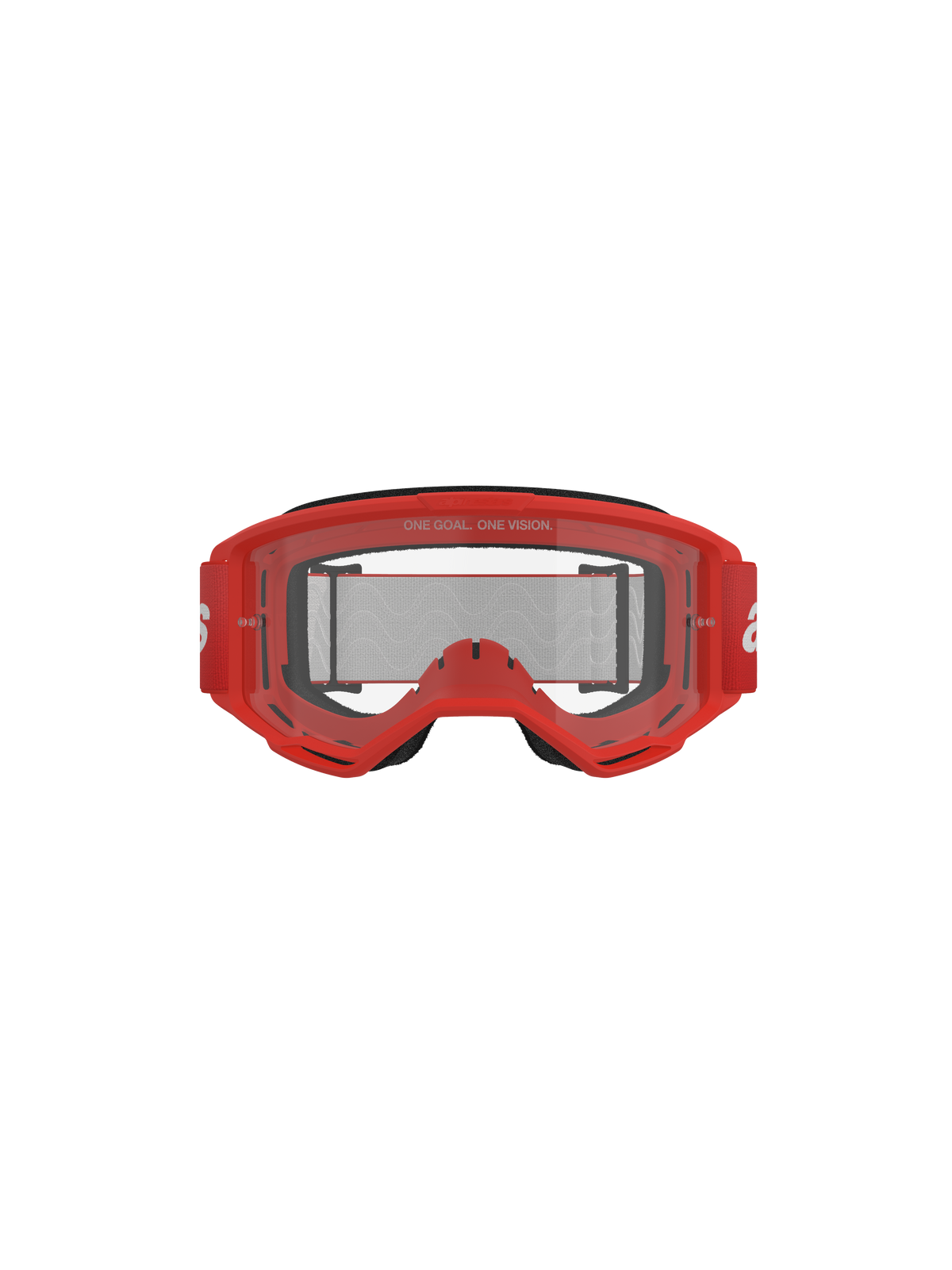 Gogle Alpinestars Vision 3 Wordmark, gogle motocrossowe, czerwona oprawka i przezroczysta soczewka, czerwony tkany pasek z białym logo, napis „ONE GOAL. ONE VISION.” na soczewce, ujęcie studyjne od przodu na czarnym tle.