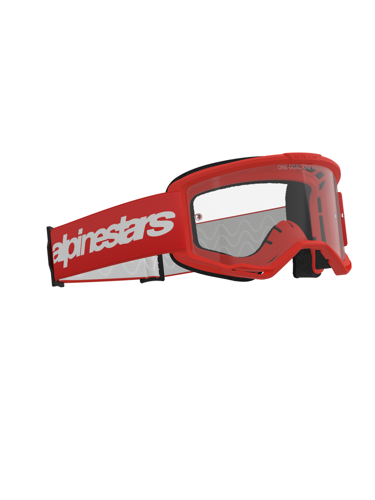 Alpinestars Vision 3 Wordmark Goggles, gogle motocrossowe, czerwone z przezroczystą szybką, czerwona oprawka i szeroki czerwony pasek z białym brandingiem Alpinestars, profesjonalne gogle do jazdy off-road