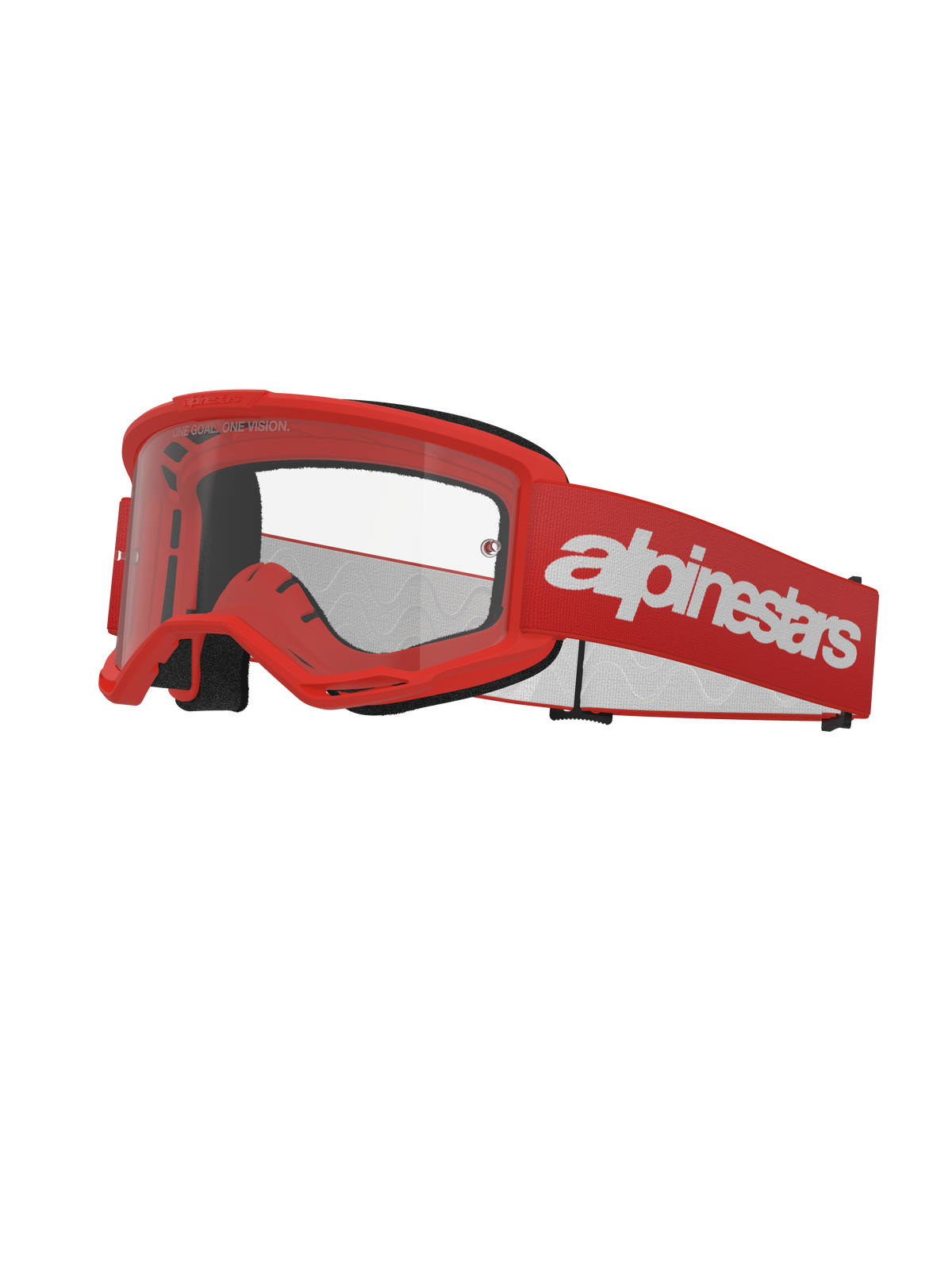 Alpinestars Vision 3 Wordmark Goggles, gogle motocrossowe, czerwone i białe, przezroczyste soczewki, szeroki czerwony pasek z wyraźnym białym logo, czarna piankowa wyściółka, wentylowana oprawka A-FLEX do wyścigów terenowych.