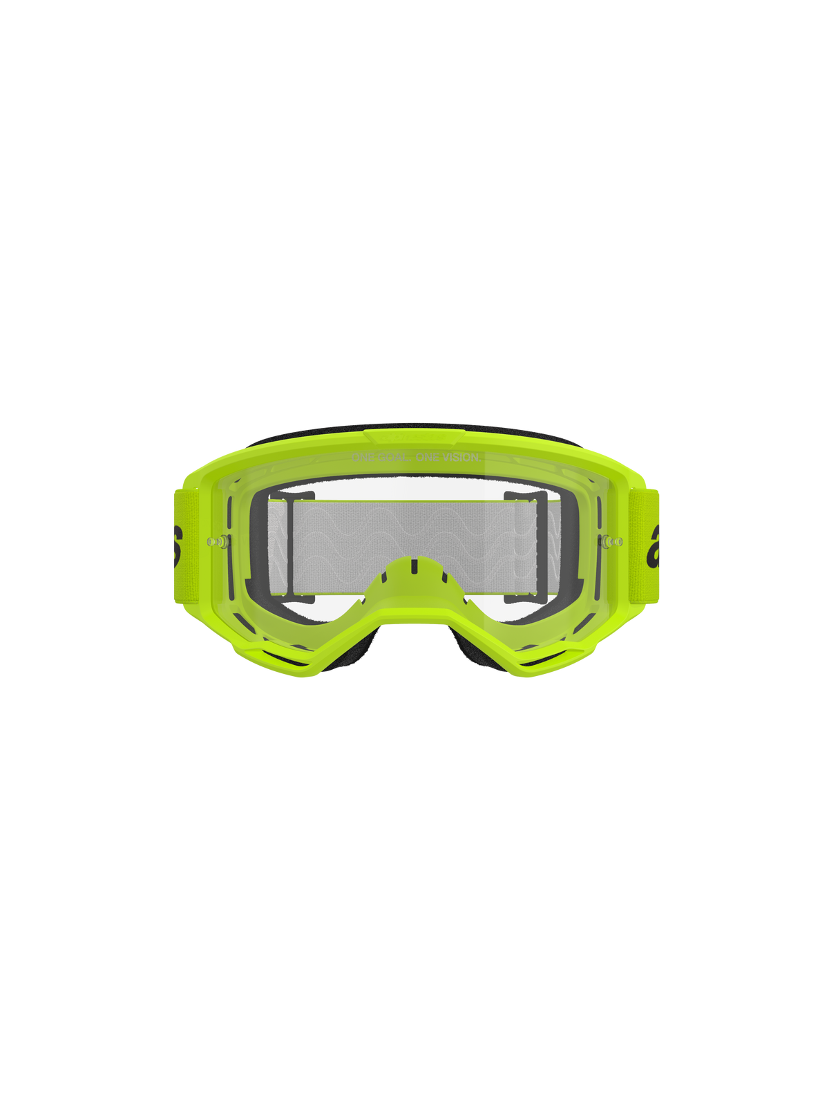 Alpinestars Vision 3 Wordmark Goggles, gogle motocrossowe, żółte fluo i przezroczyste, jasna neonowa żółta ramka, przezroczysta soczewka przeciwmgielna, szeroki tkany pasek, wyścigowy sprzęt off-road