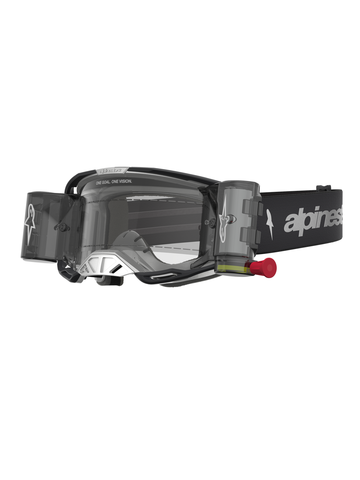 Alpinestars Vision 8 Amber Roll Off, gogle motocrossowe, czarne i srebrne, system roll-off z przezroczystą soczewką, profesjonalny sprzęt MX do jazdy w terenie