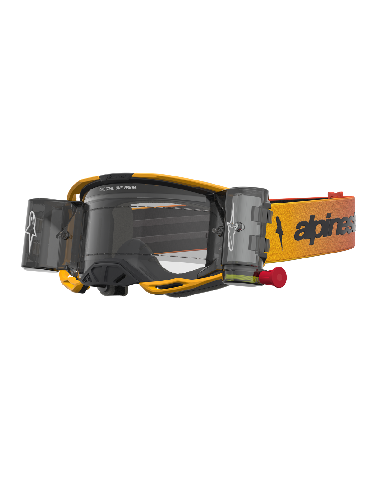 Gogle Alpinestars Vision 8 Amber System Roll-Off, żółto-czarne gogle MX ze zintegrowanymi zasobnikami i przezroczystą soczewką.