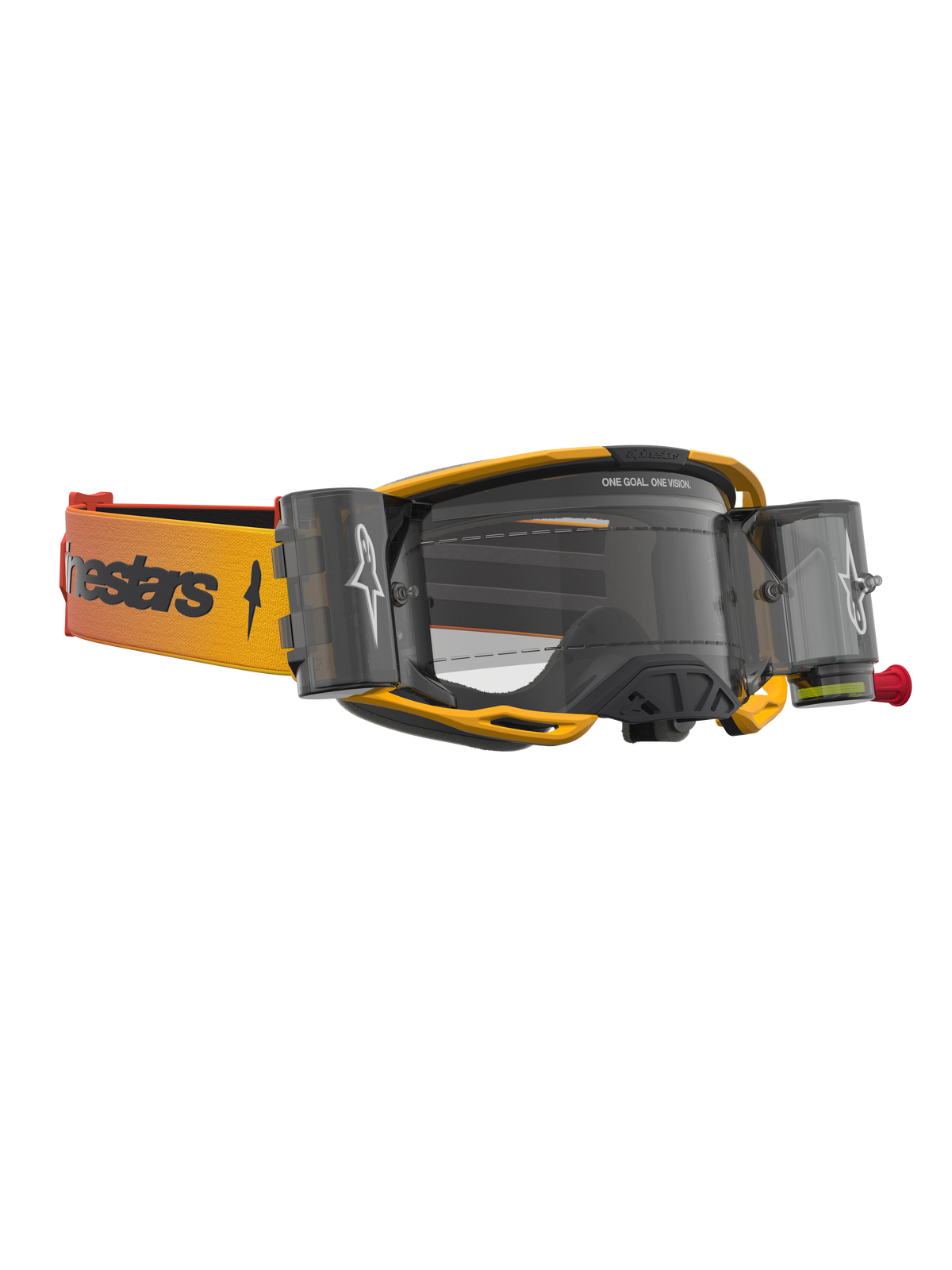 Gogle Alpinestars Vision 8 Amber System Roll-Off, żółte i czarne, przezroczysta soczewka, sprzęt motocrossowy.