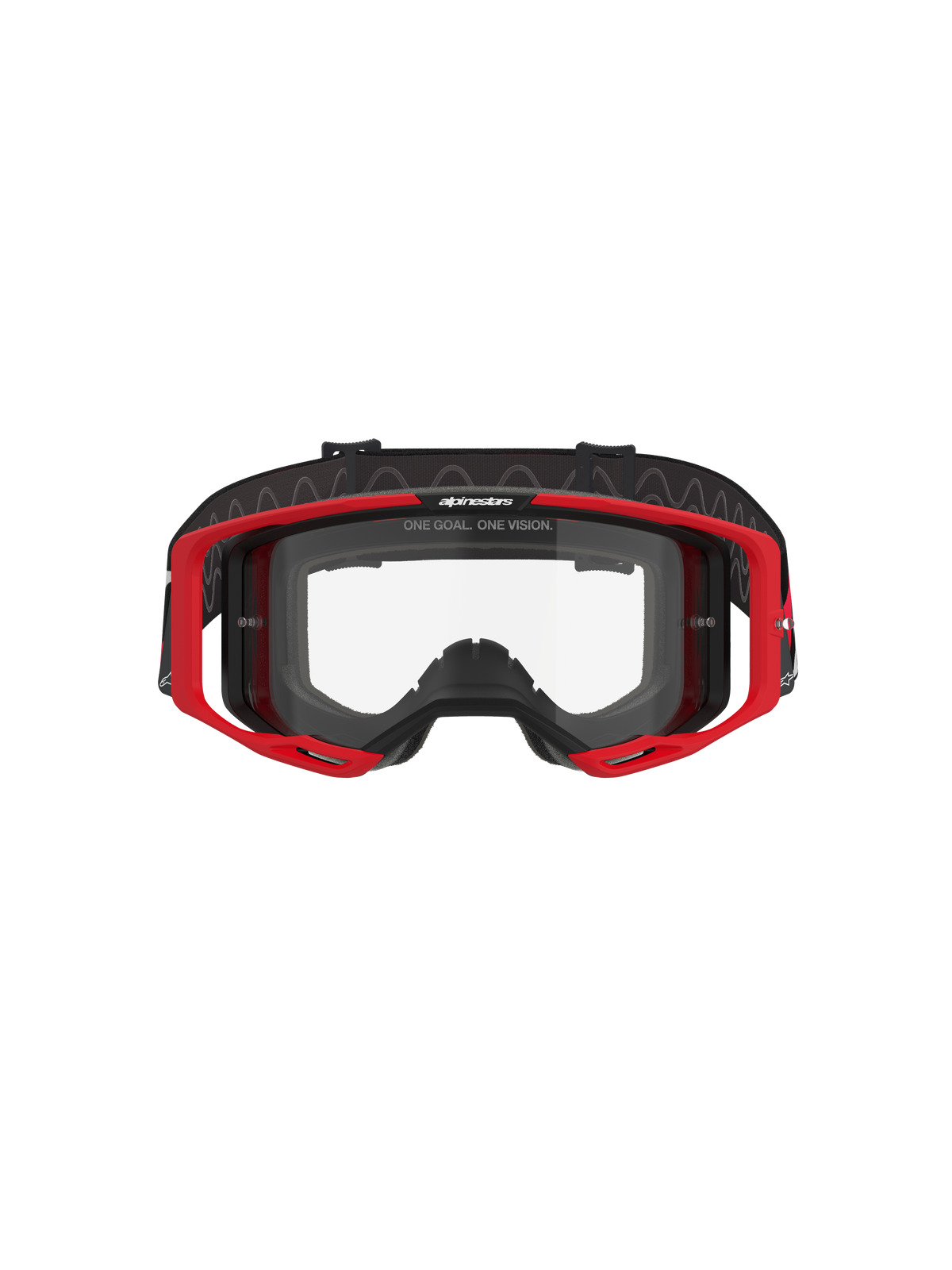 Alpinestars Vision 8 Luar Goggles, Motocross Goggles, Red Black and Clear, featuring a red A-FLEX frame, clear anti-fog polycarbonate lens, black adjustable woven strap with logo, high-performance eye protection for off-road racing