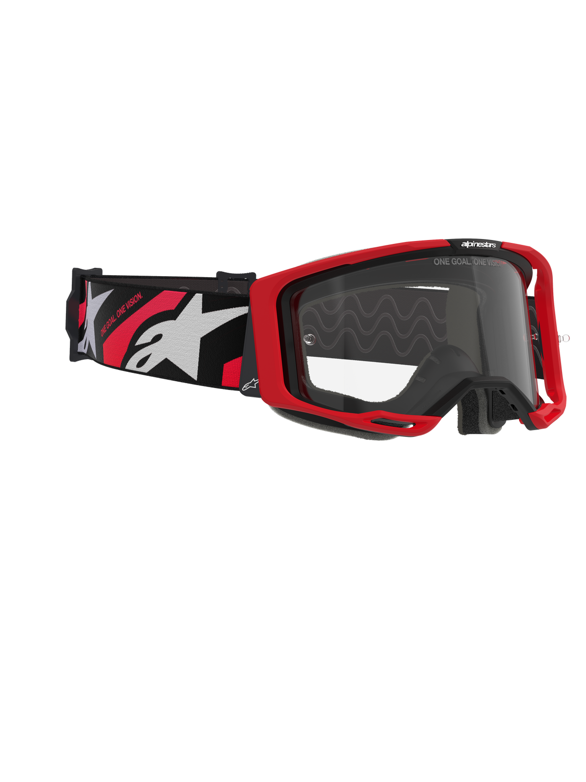 Alpinestars Vision 8 Luar Goggles, Motocross Goggles, Red Black and Clear, featuring a red frame, clear anti-fog lens, and a black strap with white and red logos, professional eye protection for off-road racing