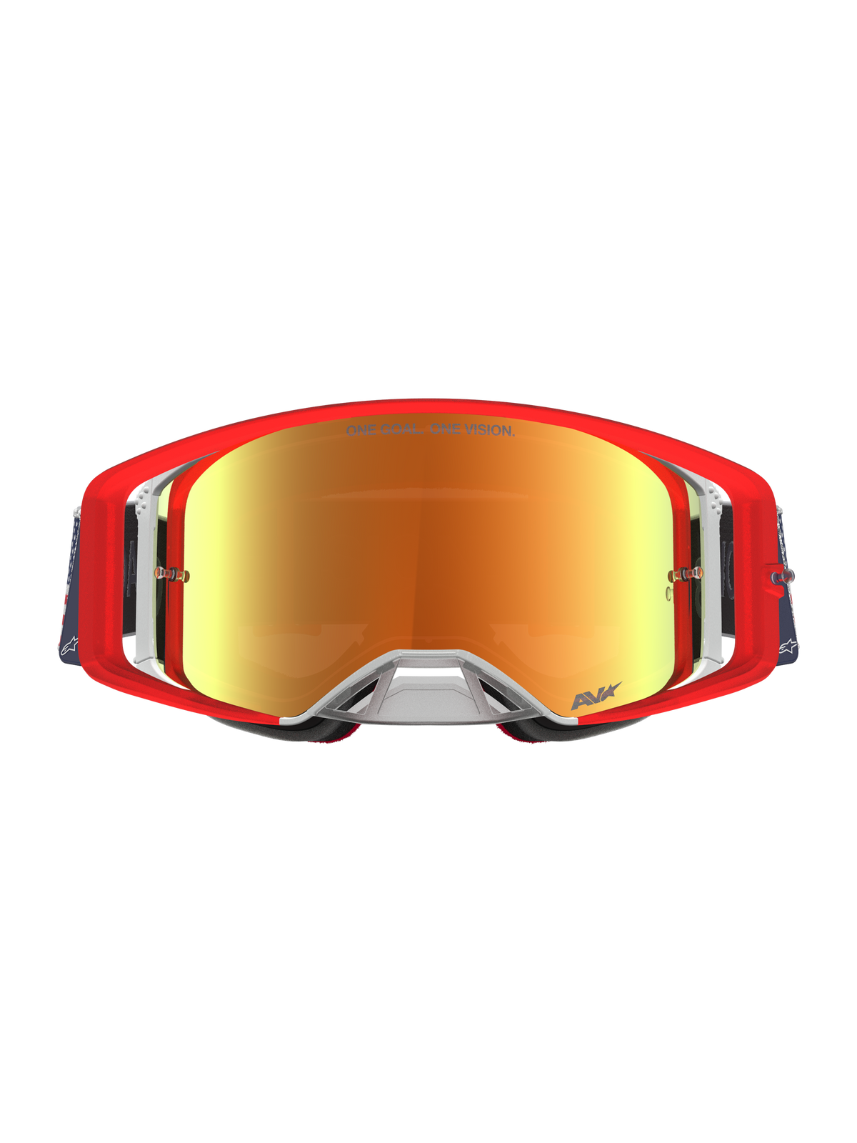 Alpinestars Supertech LE Fiftyfold, czerwone i niebieskie gogle motocrossowe z lustrzanymi soczewkami, edycja limitowana.