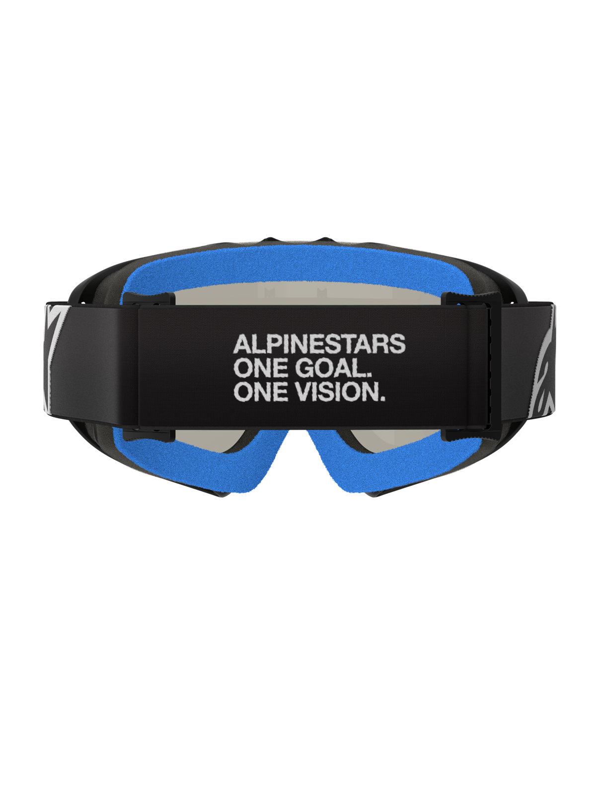 Gogle Alpinestars Vision Youth Corp, Black Mirror Silver, gogle motocrossowe, widok od tyłu, czarny pasek z białym napisem „ALPINESTARS ONE GOAL. ONE VISION.”, jaskrawoniebieska pluszowa pianka, czarna ramka A-FLEX