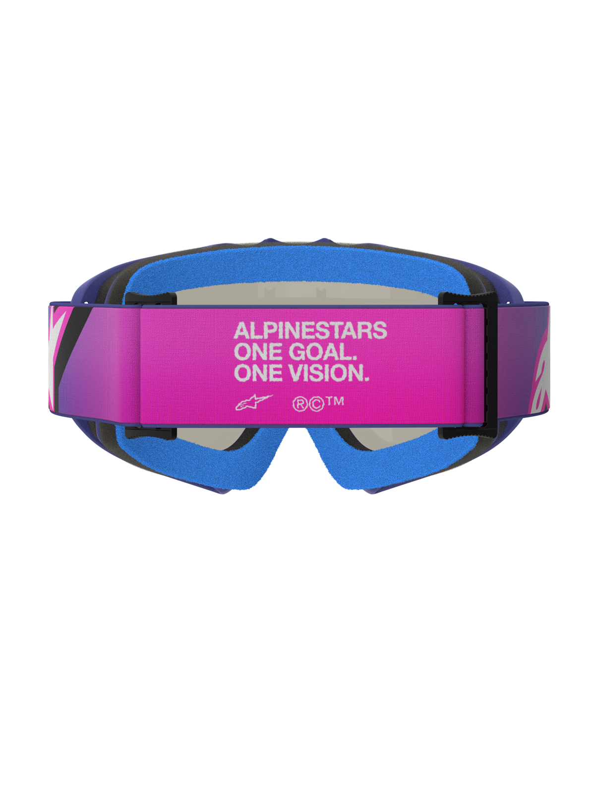 Gogle Alpinestars Vision Youth Corp, gogle motocrossowe, fioletowe, neonowy róż i lustrzany niebieski, widok z tyłu przedstawiający różowy regulowany pasek z białym napisem „ALPINESTARS ONE GOAL. ONE VISION.”, niebieską piankę i fioletową ramkę z uretanu, zaprojektowane dla młodych motocyklistów off-road
