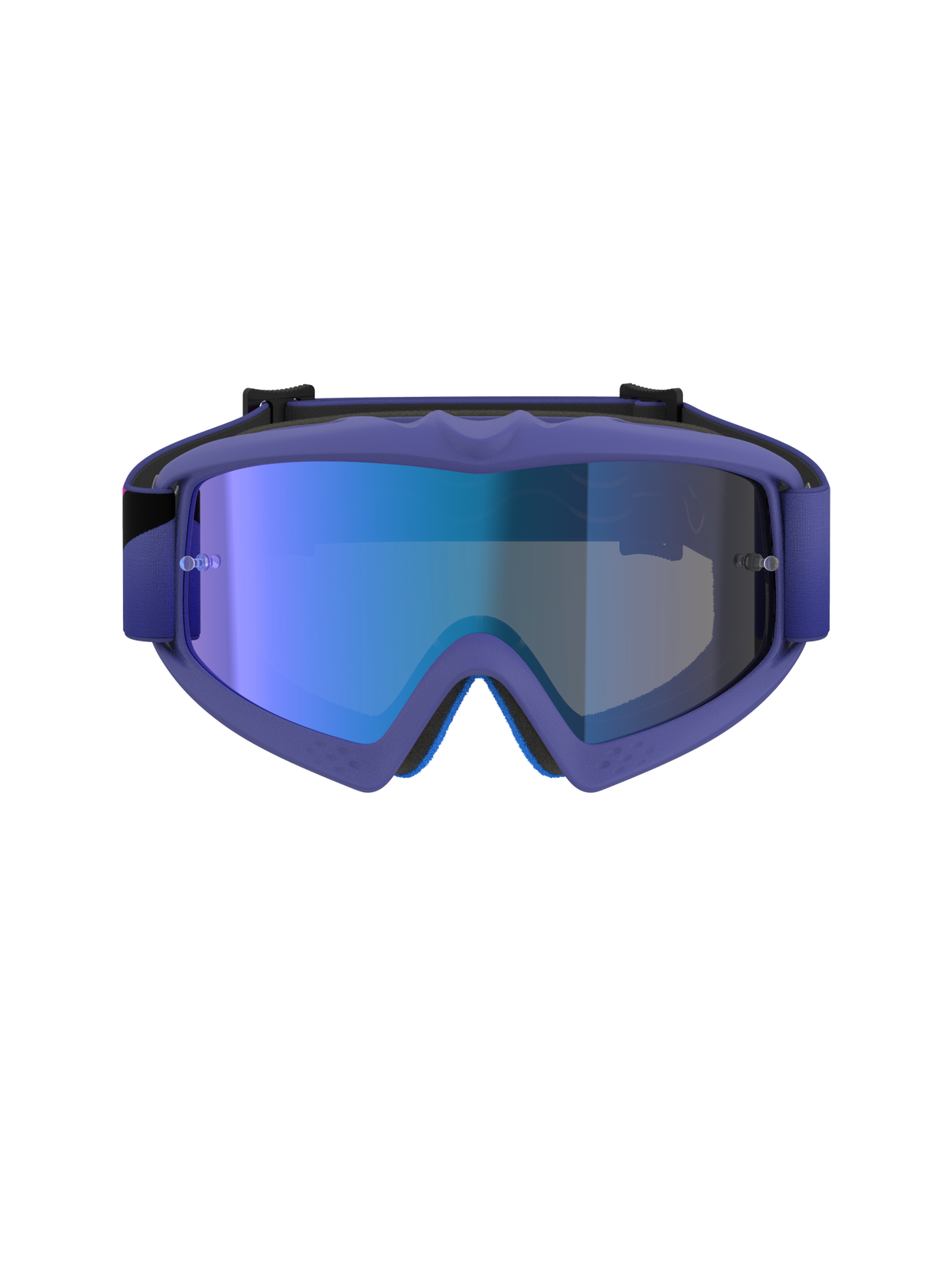 Alpinestars Vision Youth Corp Goggles, gogle motocrossowe, fioletowa i jaskraworóżowa oprawka z niebieską lustrzaną szybką, młodzieżowa ochrona oczu off-road, widok z przodu prezentujący oprawkę A-FLEX i wielowarstwową konstrukcję pianki