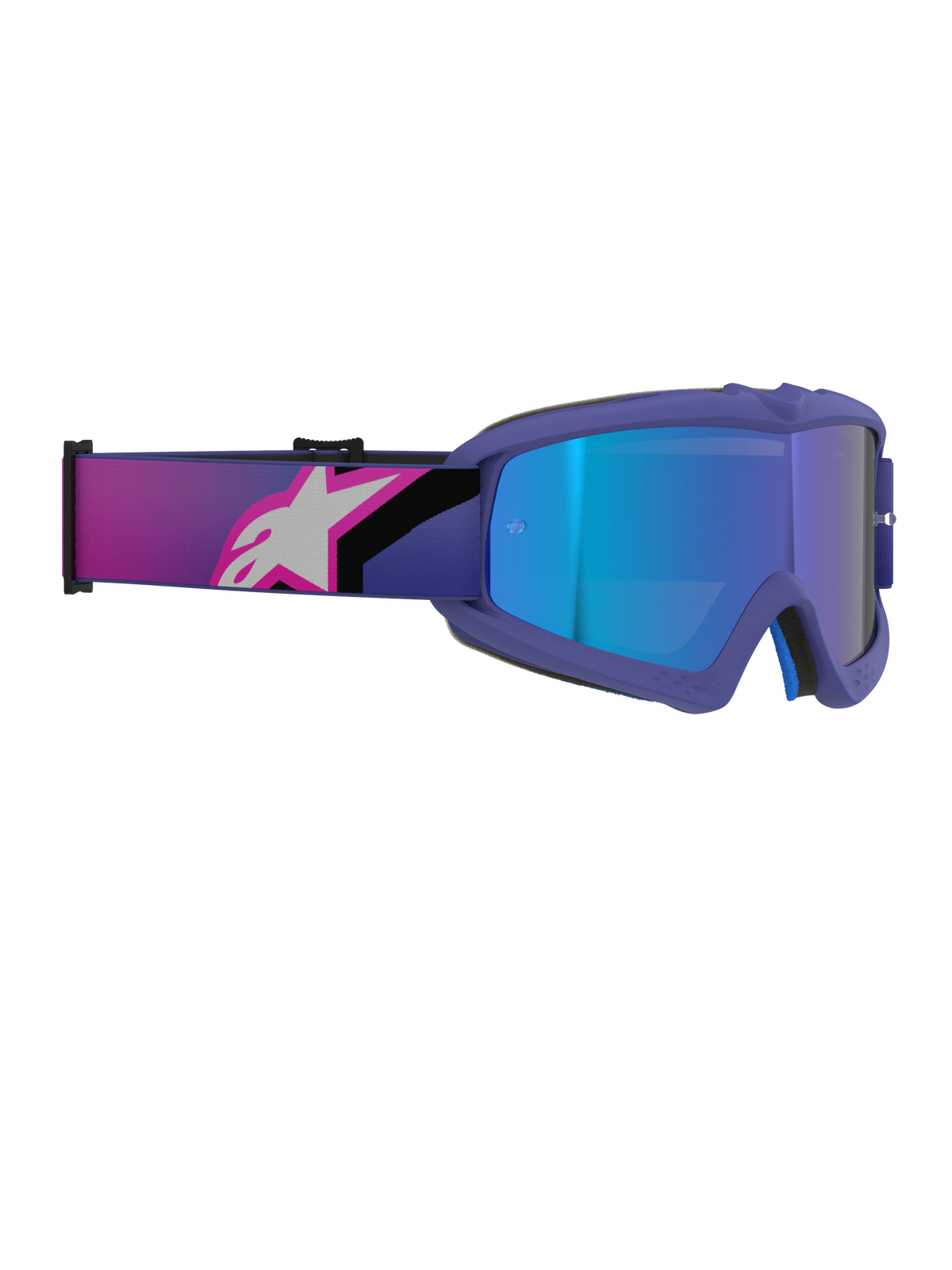 Alpinestars Vision Youth Corp Goggles, gogle motocrossowe, fioletowa i różowa fluorescencyjna oprawka z lustrzaną niebieską szybką, szeroki elastyczny pasek z różowo-białym logo Alpinestars, wysokiej jakości gogle terenowe dla młodych zawodników