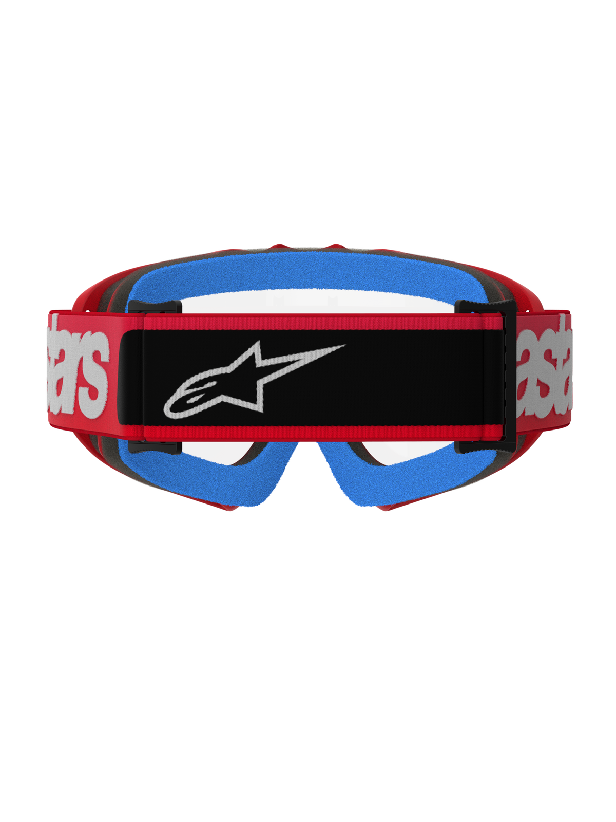 Gogle Alpinestars Vision Youth Blaze, czerwone z przezroczystą szybką, widok od tyłu przedstawiający czerwony tkany pasek z czarną naszywką z logo i białym brandingiem, jasnoniebieską piankę oraz przezroczystą soczewkę przeciwmgielną, przeznaczone do wyścigów motocrossowych dla młodzieży.