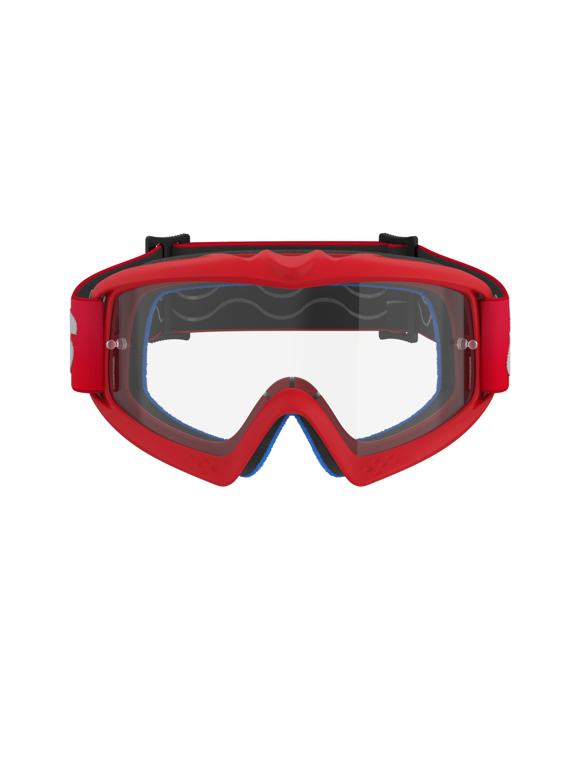 Gogle Alpinestars Vision Youth Blaze, czerwone z przezroczystą soczewką, młodzieżowe gogle motocrossowe, elastyczna uretanowa ramka, poliwęglanowa soczewka przeciwmgielna z zaczepami na zrywki, widok z przodu