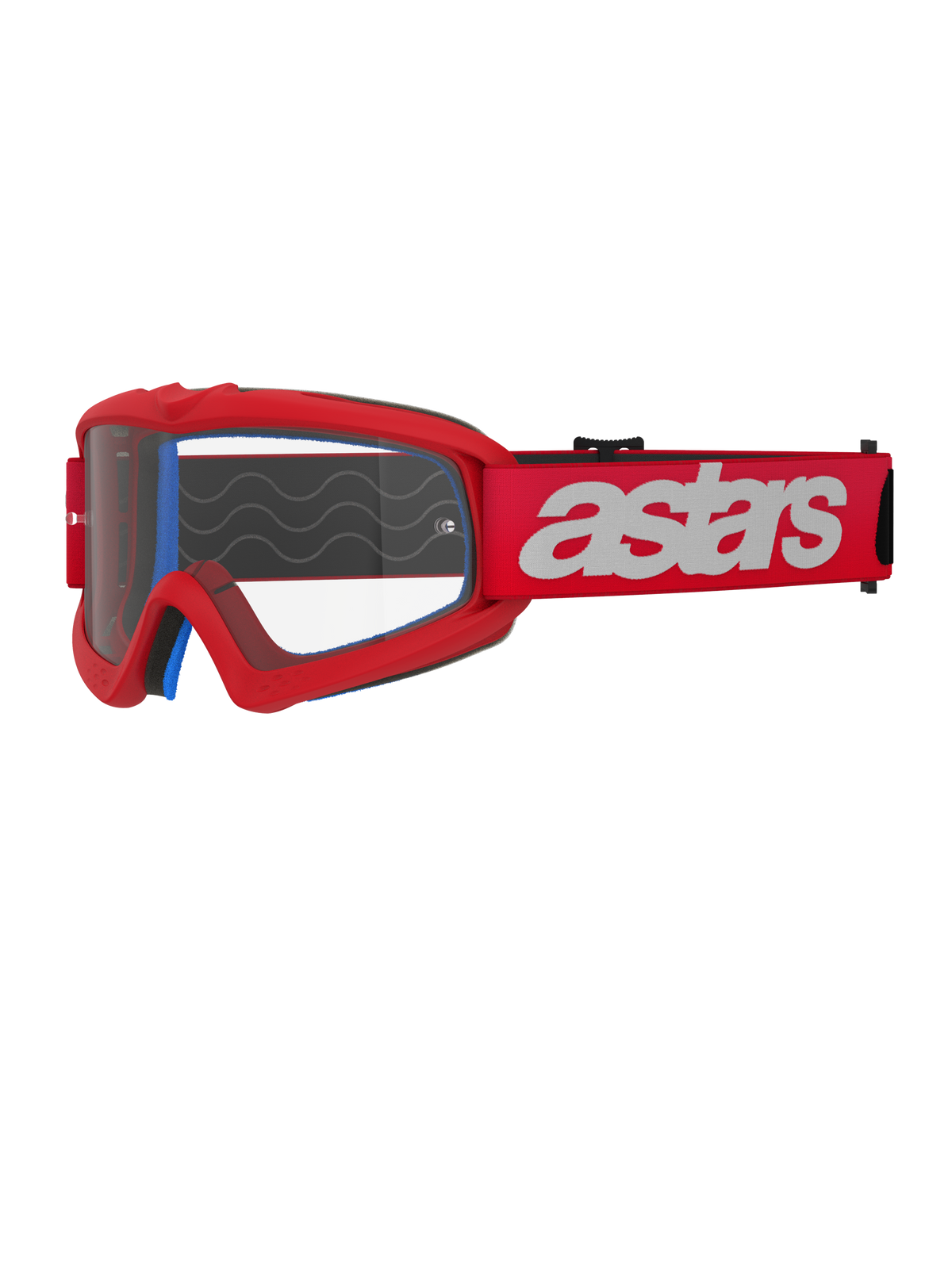 Alpinestars Vision Youth Blaze Goggles, młodzieżowe gogle motocrossowe, czerwono-białe, przezroczysta soczewka z zaczepami na zrywki, niebieska wyściółka, czerwony pasek z białym brandingiem i silikonowym wzorem fali, zaawansowana ochrona oczu do młodzieżowych wyścigów terenowych