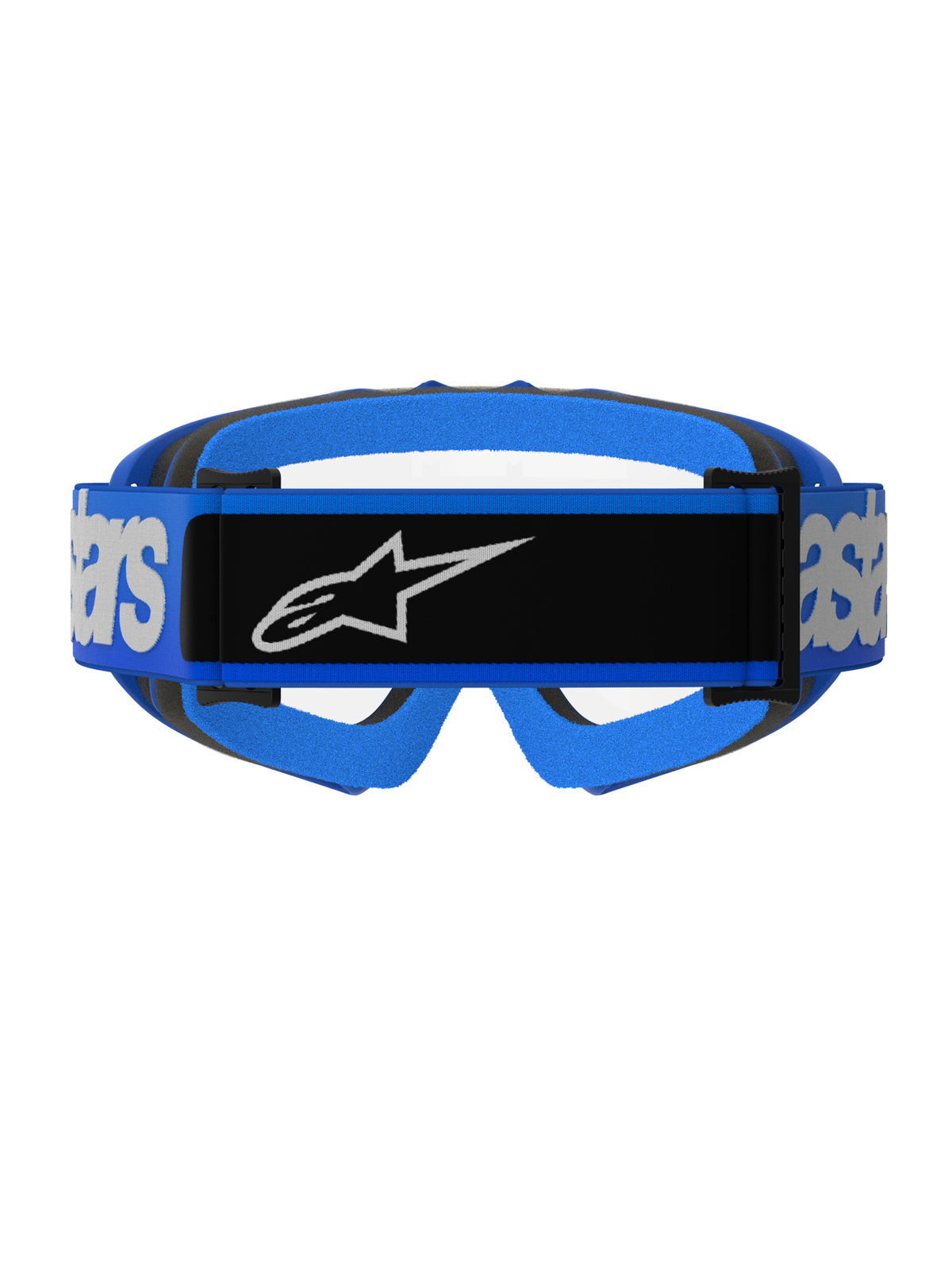 Alpinestars Vision Youth Blaze Goggles, gogle motocrossowe, niebieskie i przezroczyste, widok z tyłu z szerokim niebieskim paskiem, czarny panel centralny z białym logo Alpinestars, niebiesko-czarna piankowa wyściółka, widoczna przezroczysta soczewka