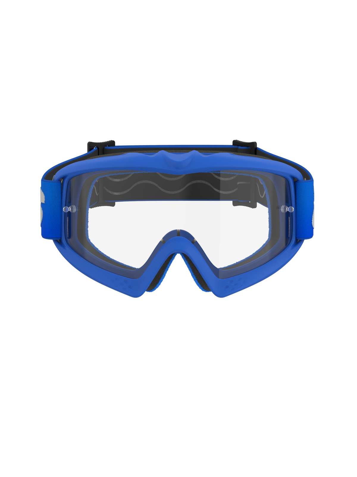 Gogle Alpinestars Vision Youth Blaze, młodzieżowe gogle motocrossowe, niebieska oprawka z przezroczystą soczewką, elastyczna oprawka A-FLEX, poliwęglanowa soczewka przeciwmgielna ze słupkami do zrywek, dopasowany niebieski tkany pasek, zaprojektowane dla młodych zawodników do wyścigów terenowych
