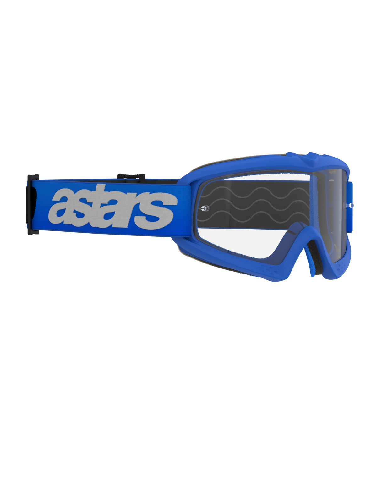 Alpinestars Vision Youth Blaze Goggles, gogle motocrossowe, niebieskie z przezroczystą soczewką, niebieska ramka z soczewką przeciwmgielną, szeroki niebieski pasek z białym logo „astars”, zaprojektowane dla młodych motocyklistów i osób o mniejszych twarzach, profesjonalny sprzęt off-road