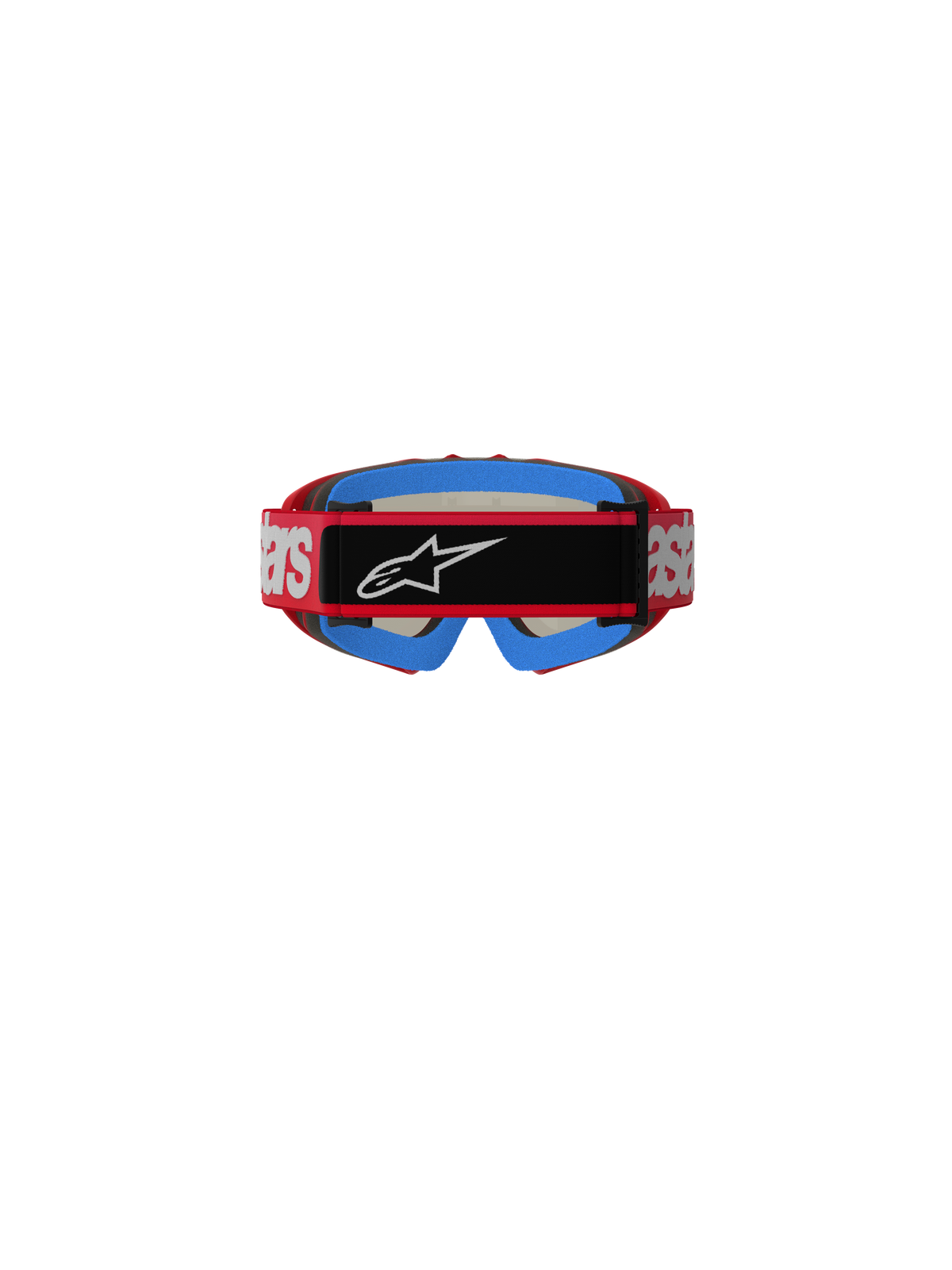 Gogle Alpinestars Vision Youth Blaze, gogle motocrossowe, czerwono-srebrne, widok z tyłu pokazujący czerwony pasek z białym brandingiem i czarną środkową naszywką z białym logo Astars, niebieska wewnętrzna wyściółka z pianki