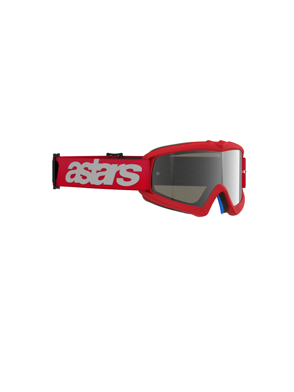 Gogle Alpinestars Vision Youth Blaze, gogle motocrossowe, czerwone ze srebrną lustrzaną soczewką, czerwony tkany pasek z białym napisem astars, kompaktowa uretanowa ramka zaprojektowana dla młodych zawodników, ochrona oczu do wyścigów off-road