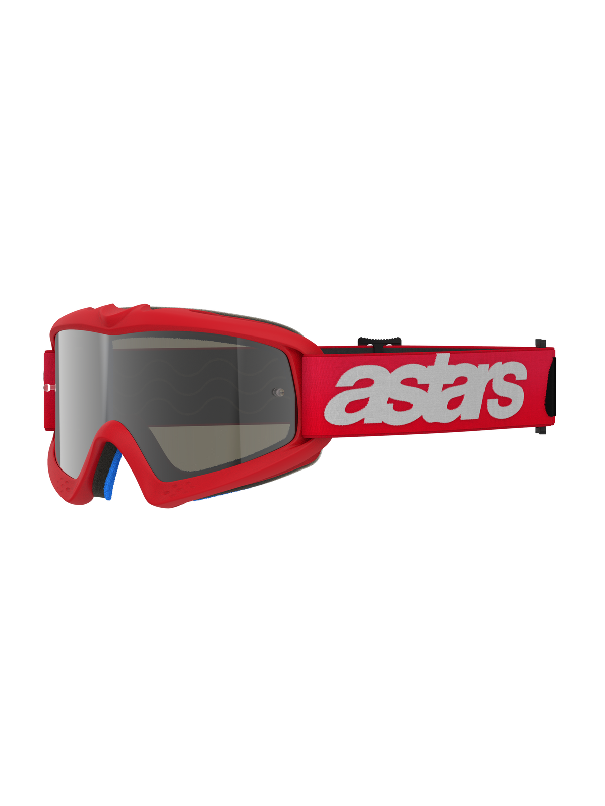 Alpinestars Vision Youth Blaze Goggles, gogle motocrossowe, Red Mirror Silver, czerwona oprawka ze srebrną lustrzaną soczewką, szeroki czerwony pasek z białym logo astars, profesjonalna ochrona oczu off-road dla młodych zawodników