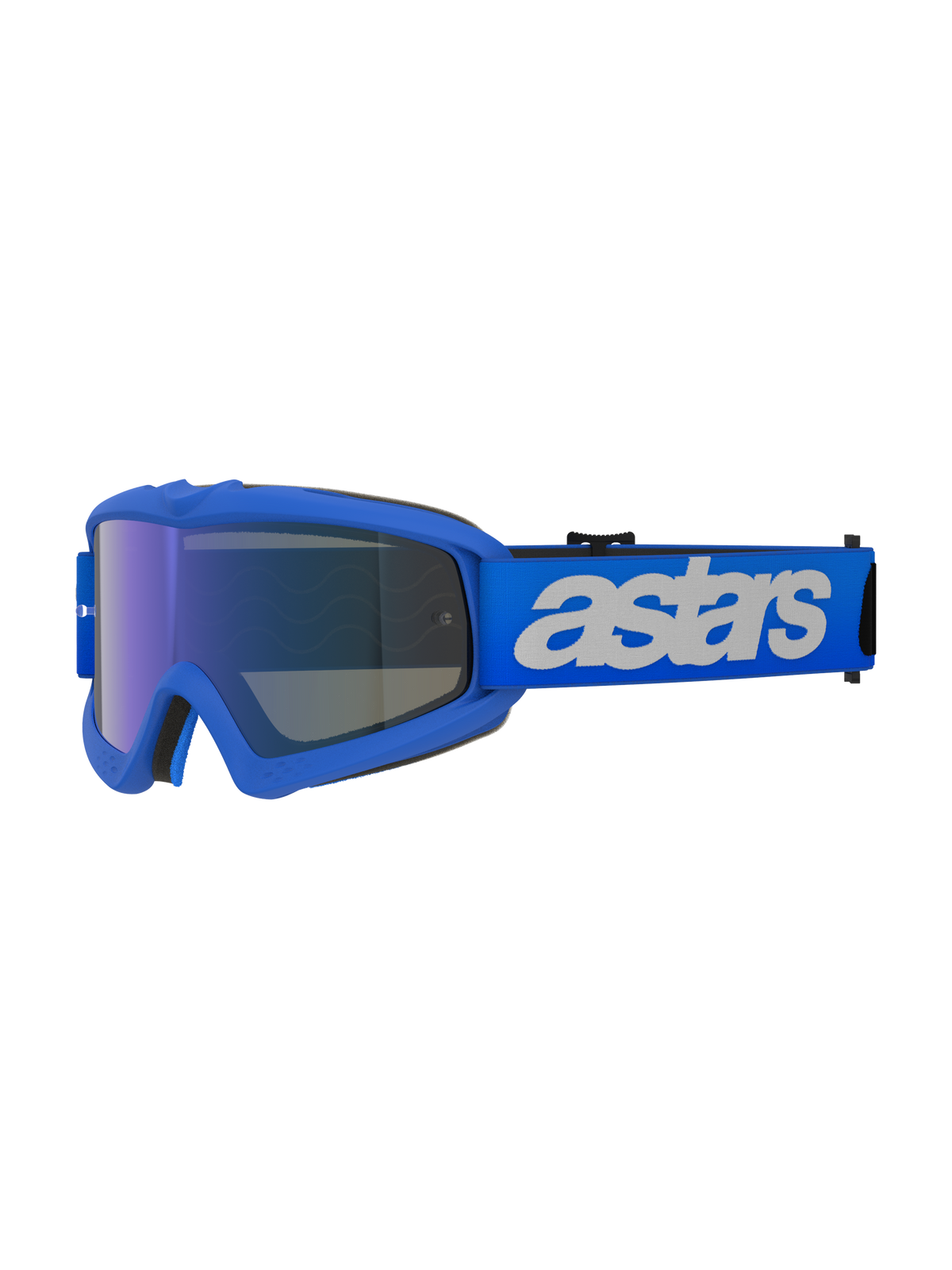 Alpinestars Vision Youth Blaze Goggles, Motocross Goggles, Blue Mirror Blue, blue frame with blue mirrored anti-fog lens, adjustable blue strap with white "astars" logo, specialized protective eyewear for youth riders