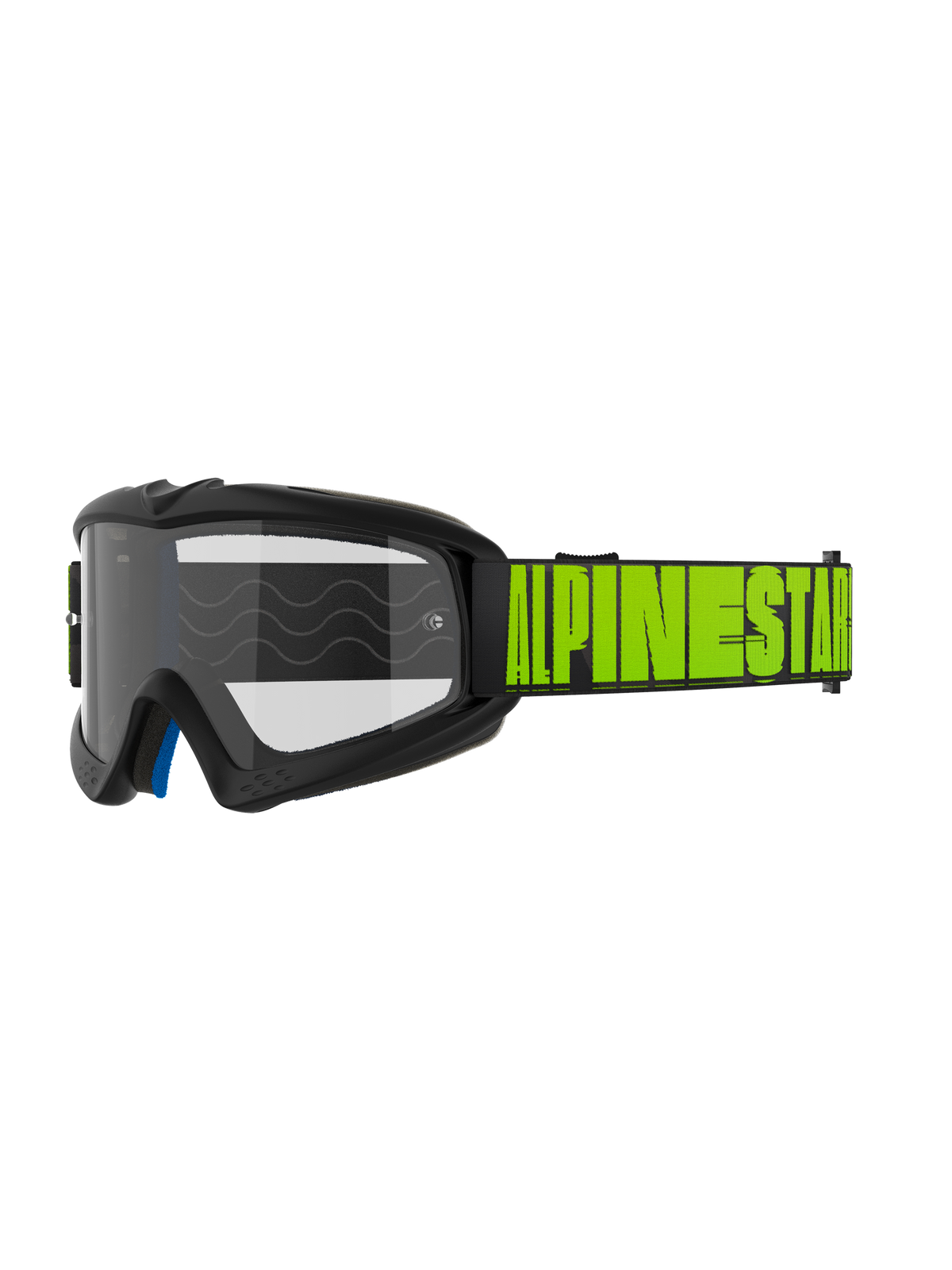 Alpinestars Vision Youth Hollow i Vision 5 Hollow, gogle motocrossowe off-road, ciemnoszara oprawka z neonowożółtym napisem Alpinestars na czarnym pasku, przezroczysta soczewka, niebieska wewnętrzna warstwa pianki, nowoczesny opływowy design dla młodszych i dorosłych zawodników