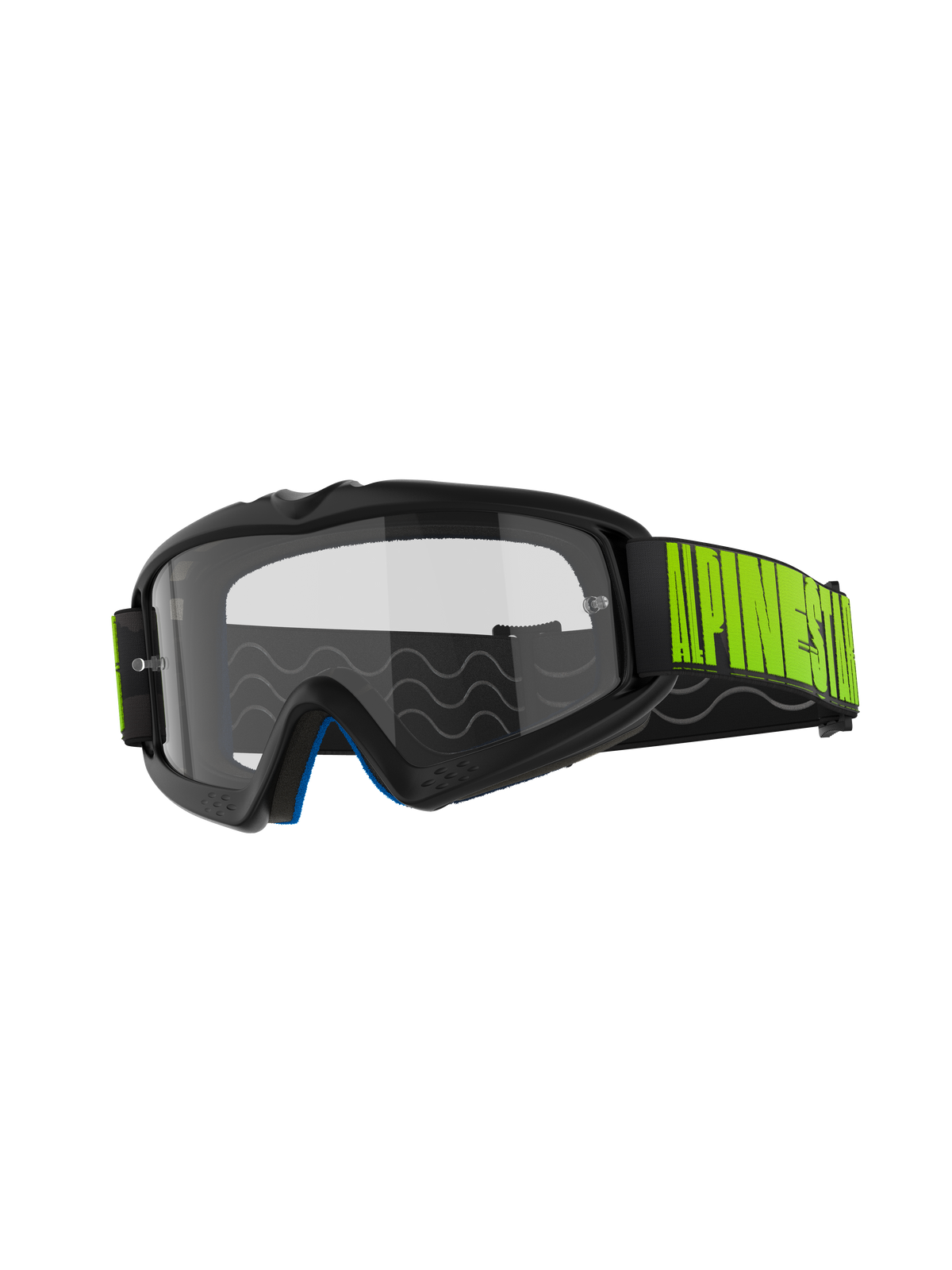 Alpinestars Vision Youth Hollow Goggles, gogle motocrossowe, ciemnoszara oprawka z przezroczystą szybką przeciwmgielną, czarny pasek z jaskrawożółtym logo Fluo Yellow, niebieska pianka wewnętrzna, zaprojektowane dla młodych zawodników off-road