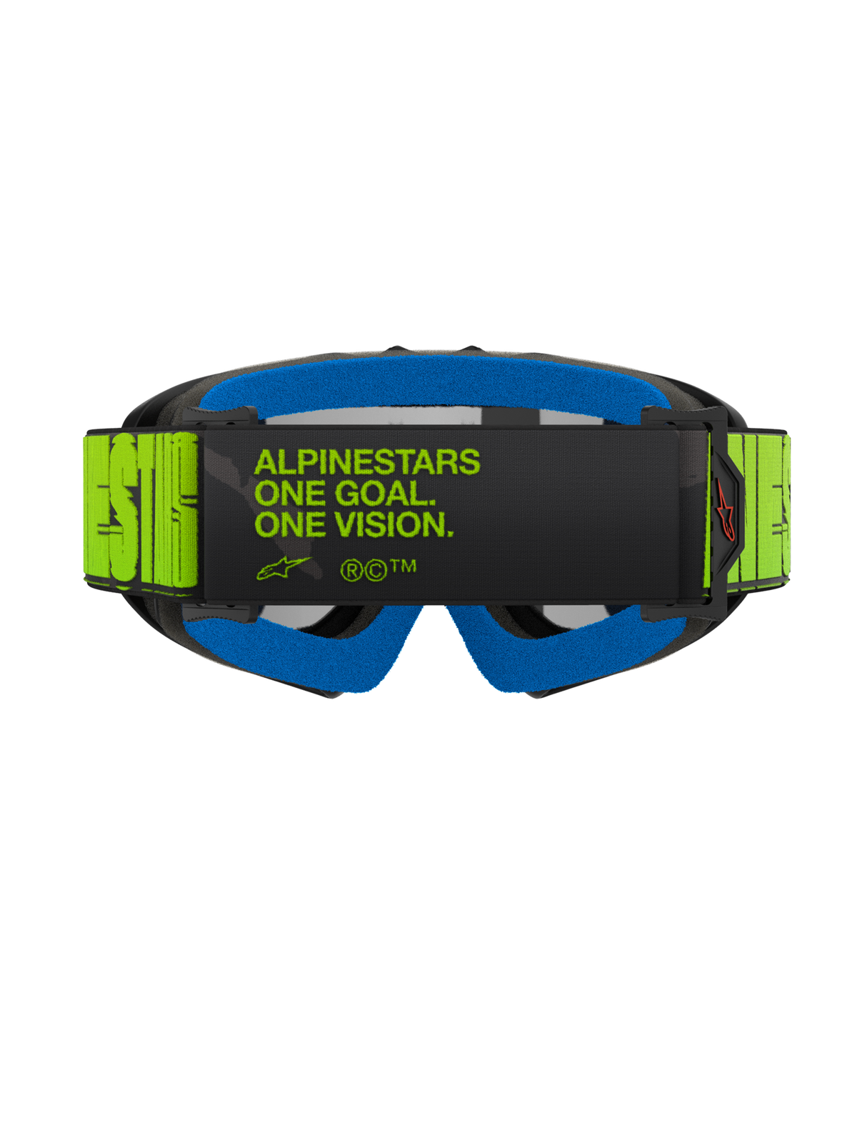Gogle Alpinestars Vision Youth Hollow, widok z tyłu z neonowożółtym paskiem i czarnym napisem „One Goal. One Vision.”, niebieska pianka i grafitowa ramka, profesjonalne młodzieżowe gogle motocrossowe