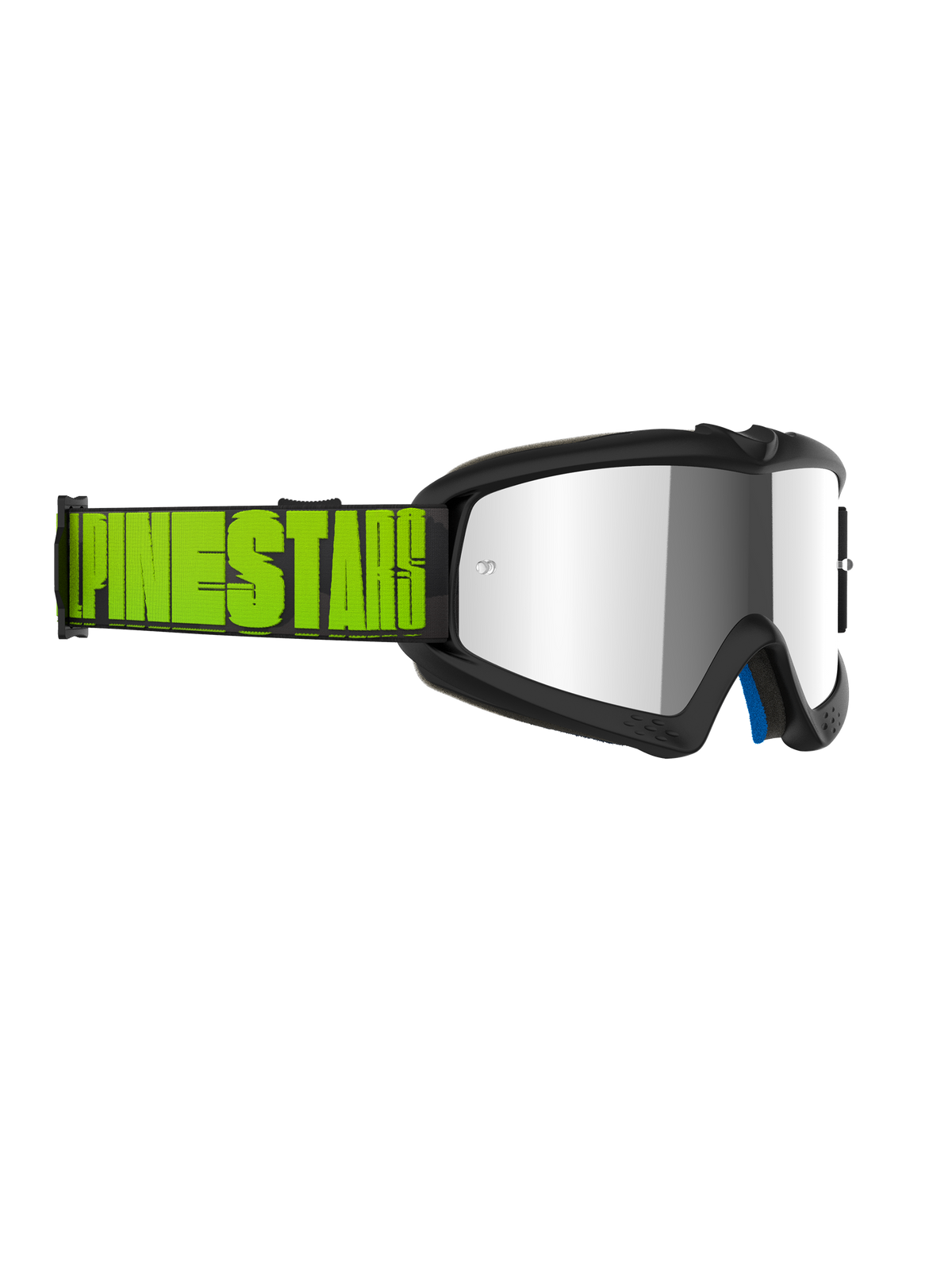 Alpinestars Vision Youth Hollow Goggles, młodzieżowe gogle motocrossowe, grafitowa oprawka ze srebrną lustrzaną soczewką, żółto-czarny pasek fluo z wyraźnym brandingiem Alpinestars, profesjonalna ochrona oczu do wyścigów terenowych