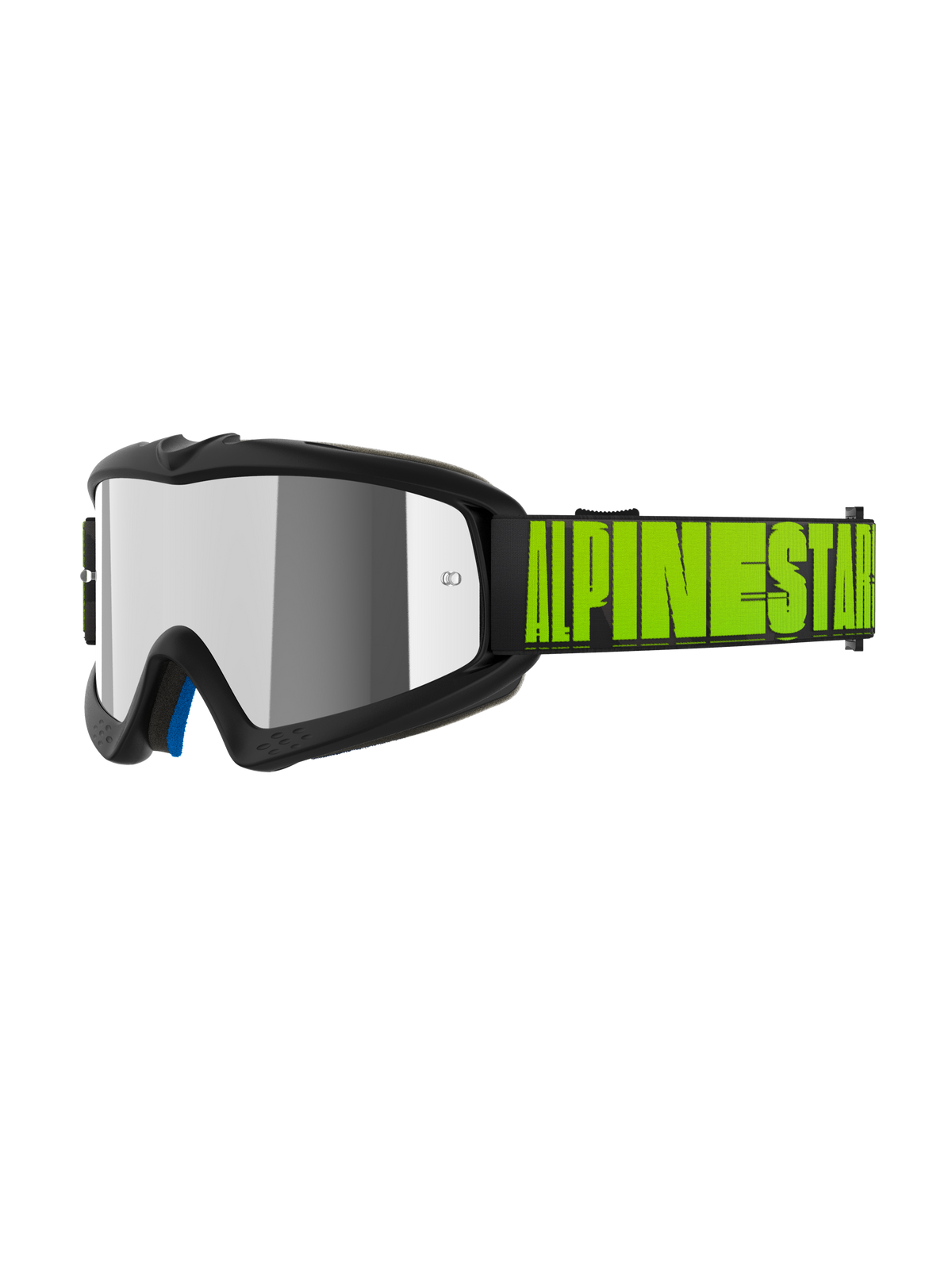Alpinestars Vision Youth Hollow Goggles, młodzieżowe gogle motocrossowe, kolor grafitowy i neonowy żółty, srebrna lustrzana soczewka, czarny pasek z wyraźnym neonowożółtym logo Alpinestars, niebieska wyściółka wewnętrzna, specjalne dopasowanie dla młodych zawodników