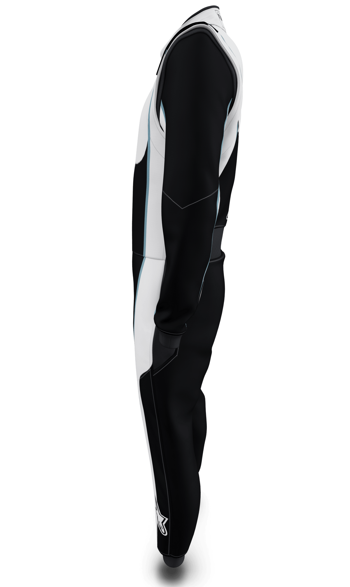 Alpinestars Tech Vision V3 Adjusted Length Custom Suit in Black and White with blue accents, FIA racing suit, side profile.