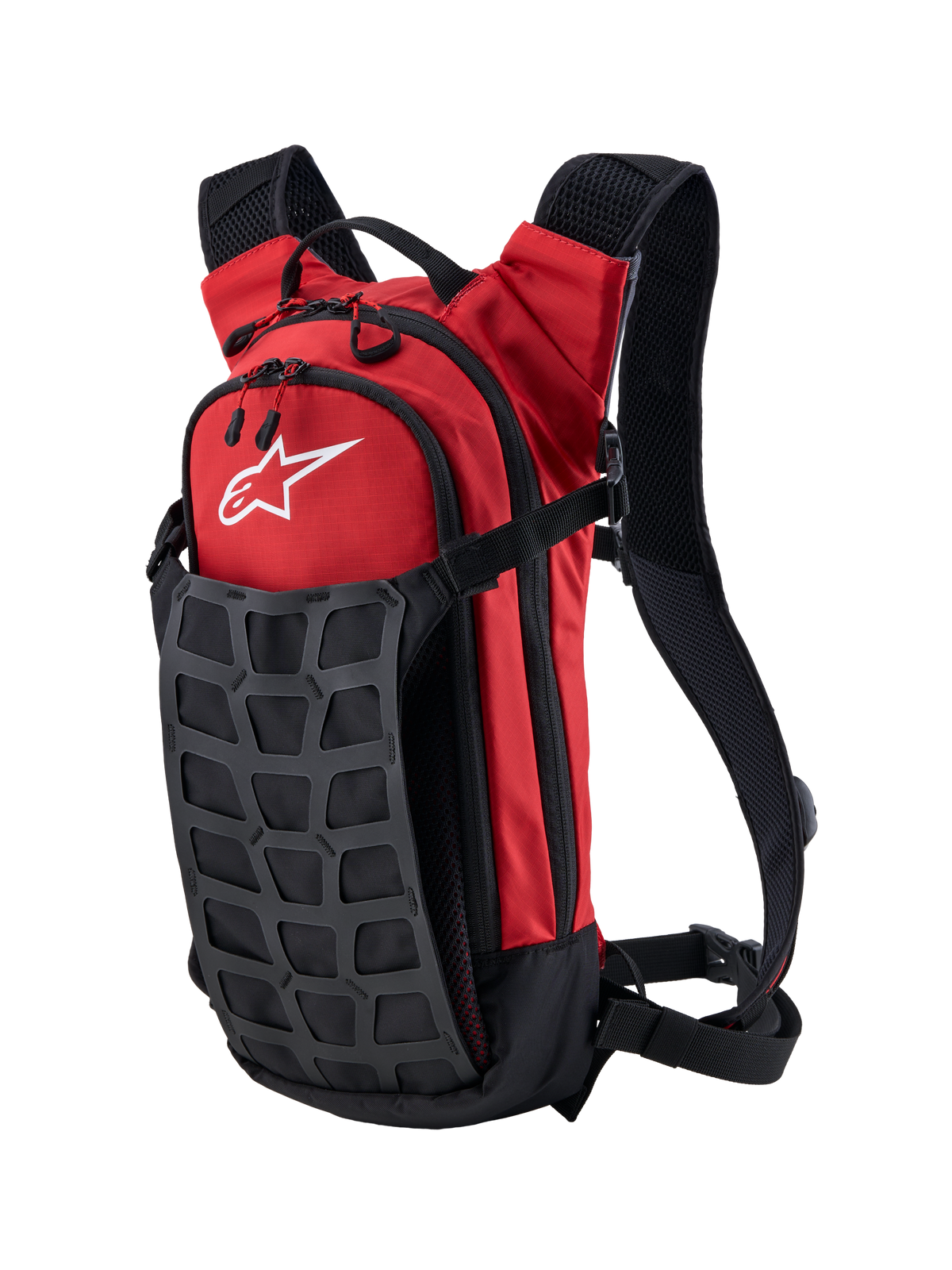 Alpinestars AT-9, plecak motocrossowy i terenowy, czerwony i czarny, trwała konstrukcja tekstylna, wyściełane szelki i białe logo Alpinestars, przeznaczony do użytku w padoku i w podróży.