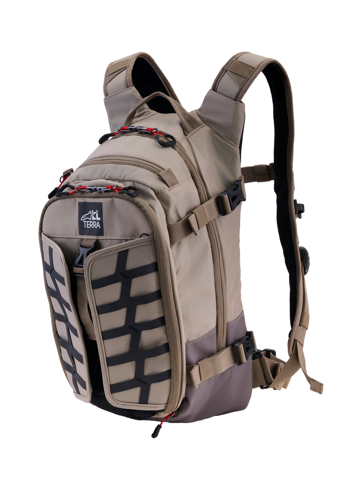 Alpinestars AT-15 Back Pack, Aluminum Walnut, 15L expandable adventure motorcycle backpack, front 3/4 view featuring All Terra logo, black grid panel, red zipper accents, and ergonomic shoulder straps, rugged off-road design