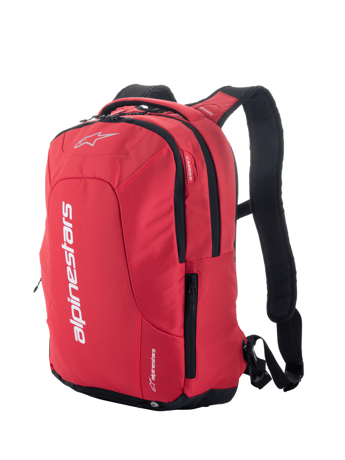 Alpinestars City Hunter V2 Backpack, miejski plecak motocyklowy, czerwono-czarny, wyraźne białe logo, boczne kieszenie na zamek, wyściełane szelki z siatki, opływowy design dla motocyklistów