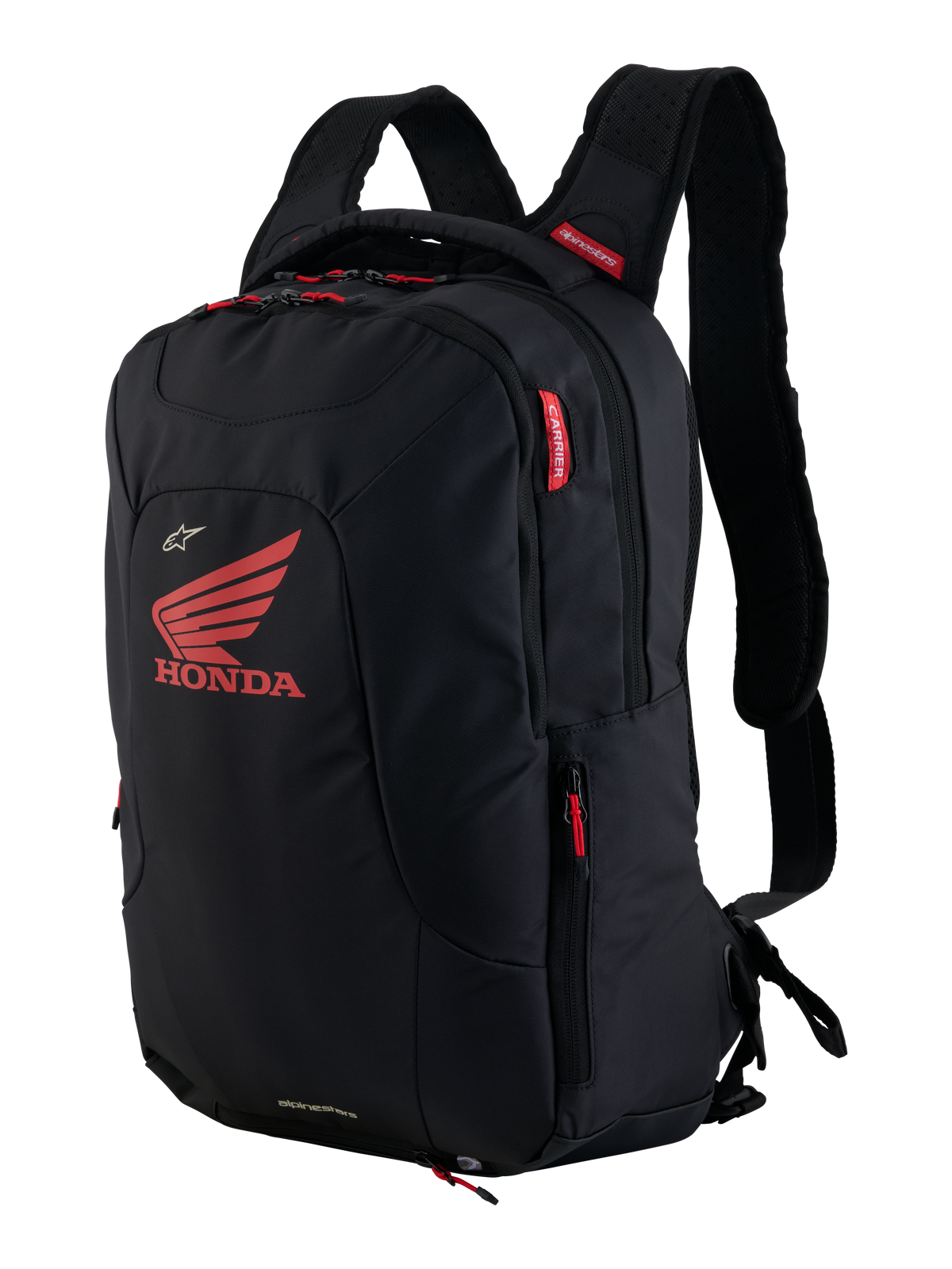 Plecak Honda City Hunter V2, miejski plecak motocyklowy, czarny z jaskrawoczerwonymi elementami, z dużym czerwonym logo skrzydła Hondy i brandingiem Alpinestars, liczne komory na zamek z czerwonymi uchwytami, ergonomiczny design z wyściełanymi szelkami z siatki 3D.
