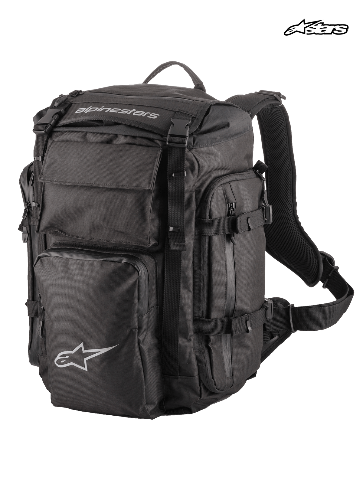 Alpinestars Plecak Rover Overland, motocyklowy plecak adventure touring, czarny, o pojemności 39 litrów, z rolowanym zamknięciem, kompresyjną komorą przednią i trwałą konstrukcją tekstylną