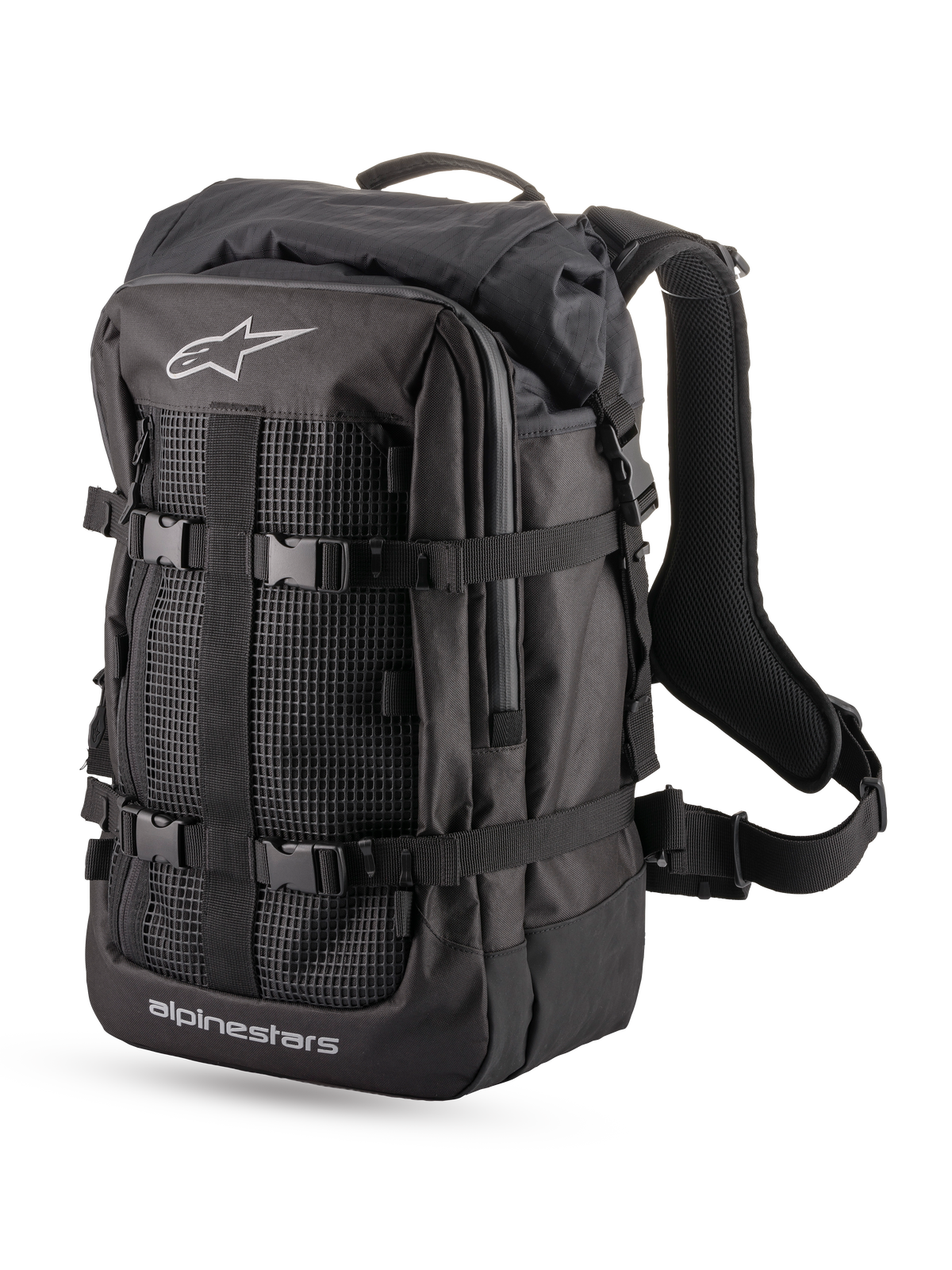 Alpinestars Rover Multi Backpack, adventure touring motorcycle backpack, Black, 32.4-liter textile construction with roll-top compartment, compression straps, and front mesh panel with logo details