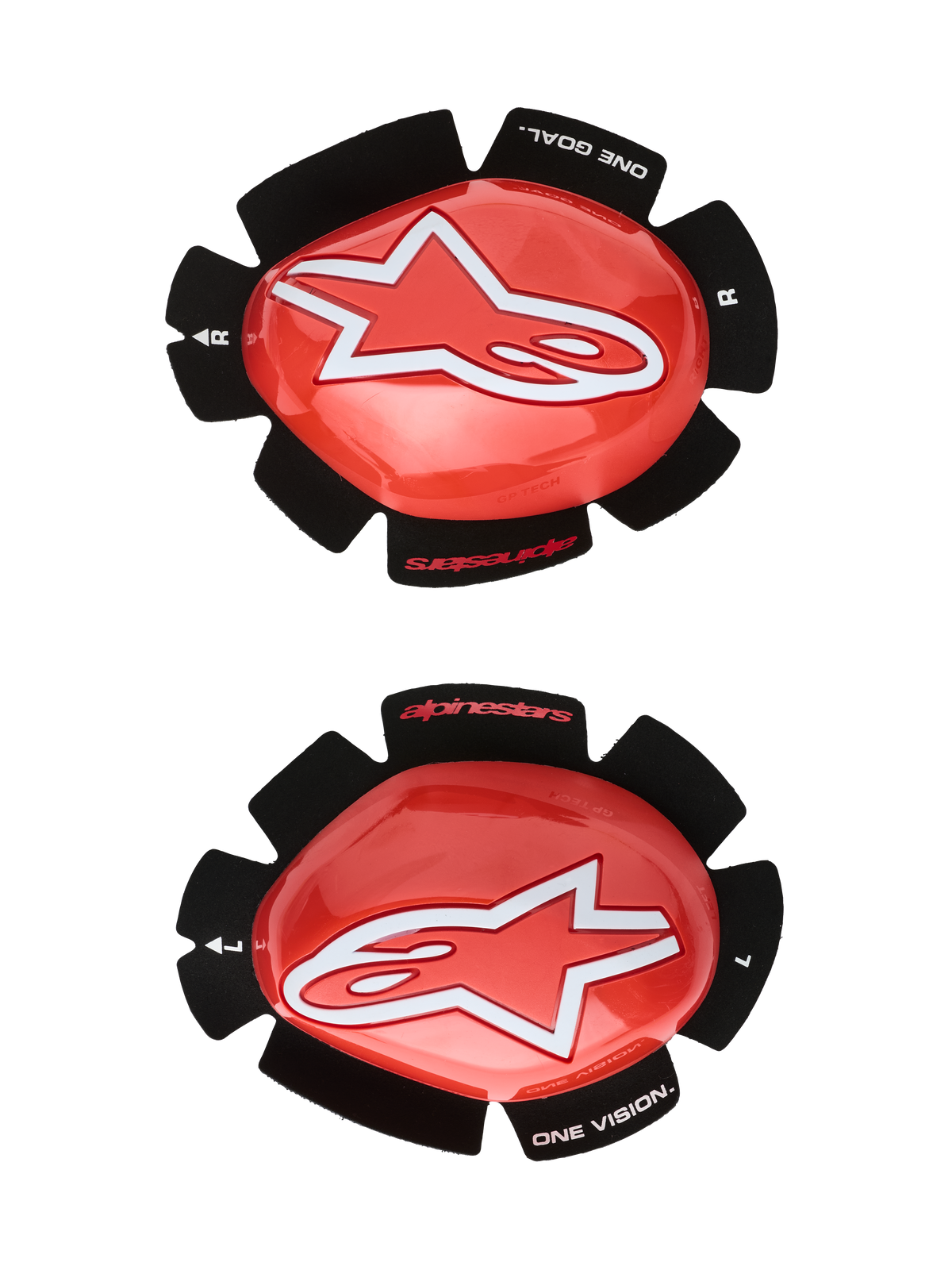 Alpinestars GP Tech Knee Sliders, czerwone i białe wyścigowe slidery kolan, duże białe logo gwiazdy na błyszczącym czerwonym plastiku, napis „ONE GOAL. ONE VISION.” na czarnym rzepie w kształcie płatków, para lewa i prawa do użytku na torze