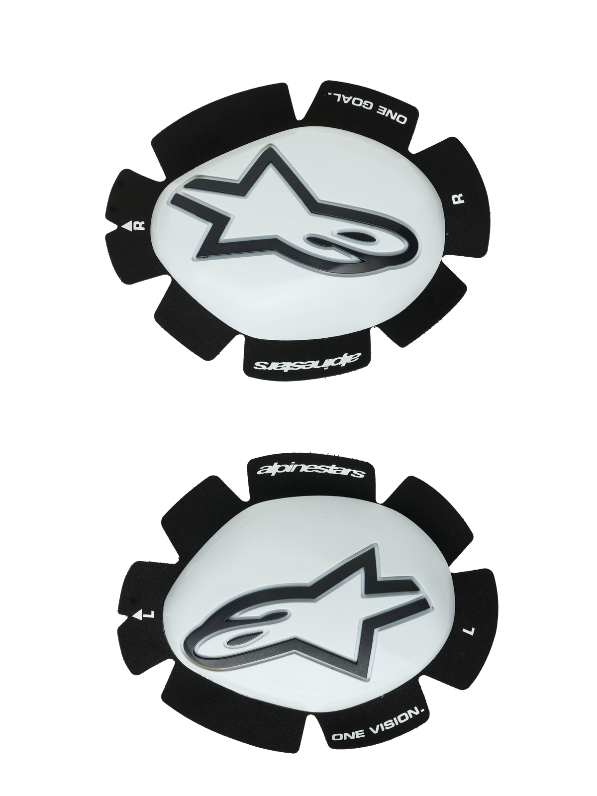 Alpinestars GP Plus Knee Sliders, White and Black, Motorcycle Racing Knee Protectors, pair showing left and right sliders with white plastic surfaces and black Astars logos, scalloped black Velcro backing featuring 'ONE GOAL' and 'ONE VISION' branding