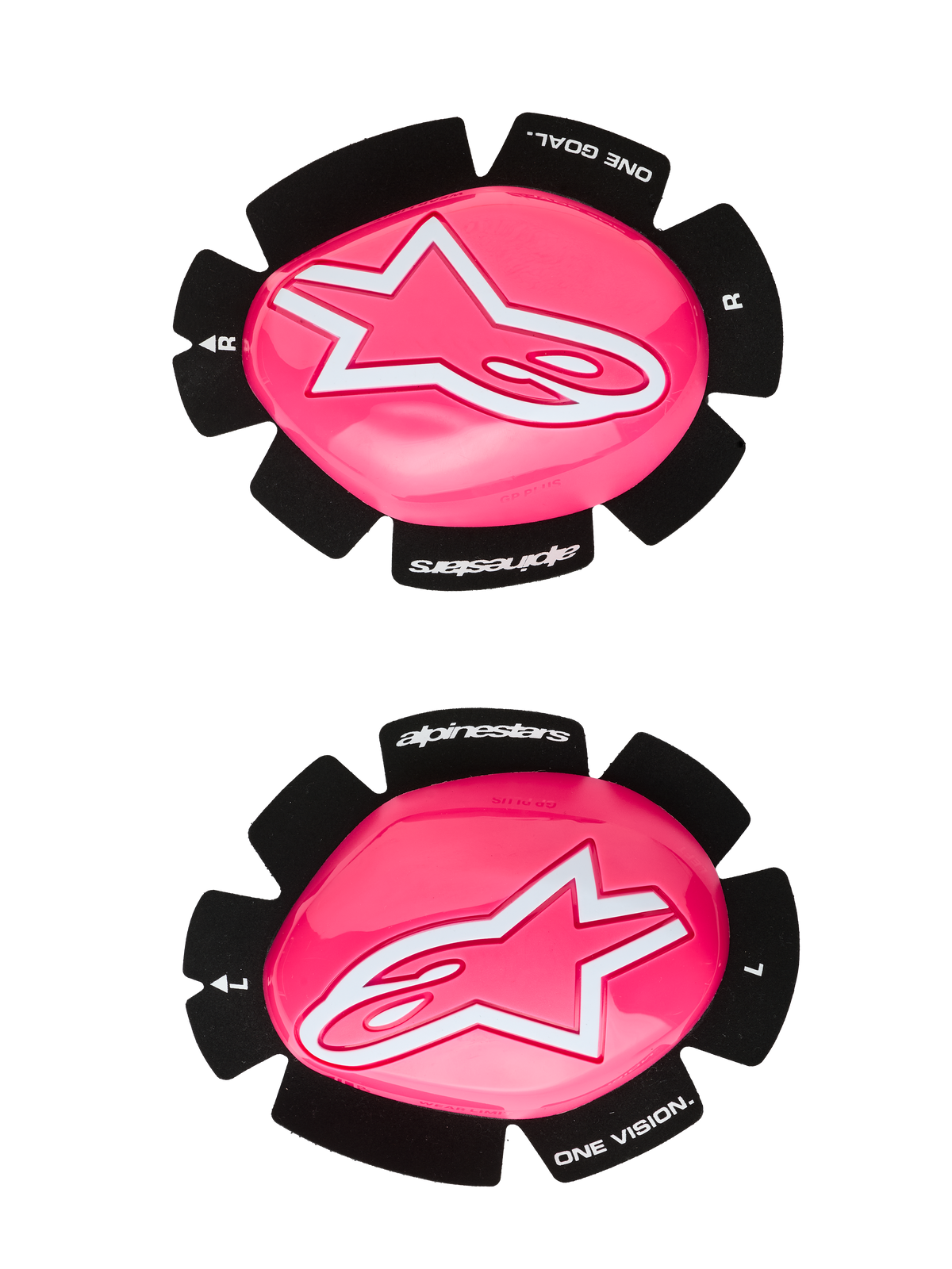 Alpinestars GP Plus Knee Slider, slidery kolan do motocykli wyścigowych, różowy fluo i biały, zestaw lewego i prawego slidera, błyszcząca różowa powierzchnia z białym logo gwiazdy, czarna podstawa z napisem „One Goal One Vision”, wytrzymała konstrukcja z tworzywa sztucznego do użytku na torze i drodze