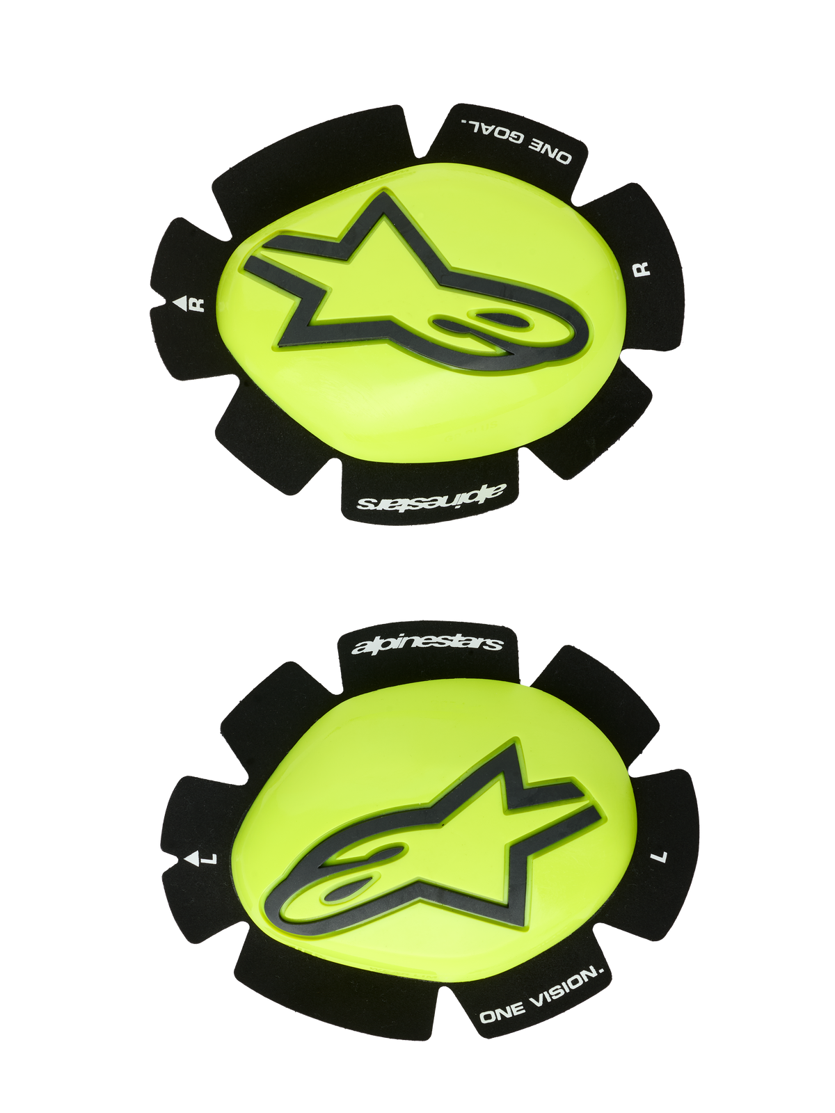 Alpinestars GP Plus Knee Slider, Motorcycle Racing Knee Sliders, Yellow Fluo and Black, left and right pair featuring a black star logo on a glossy yellow surface, textured black edges with "alpinestars" and "ONE GOAL ONE VISION" branding, designed for track abrasion