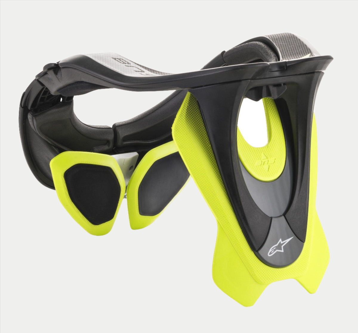 Alpinestars BNS Tech 2 Neck Support, ochraniacz szyi do motocrossu, czarny i fluorescencyjny żółty, ergonomiczna rama z polimeru węglowego z wyściełanymi stabilizatorami, logo Alpinestars, wysokiej klasy ochrona do jazdy terenowej