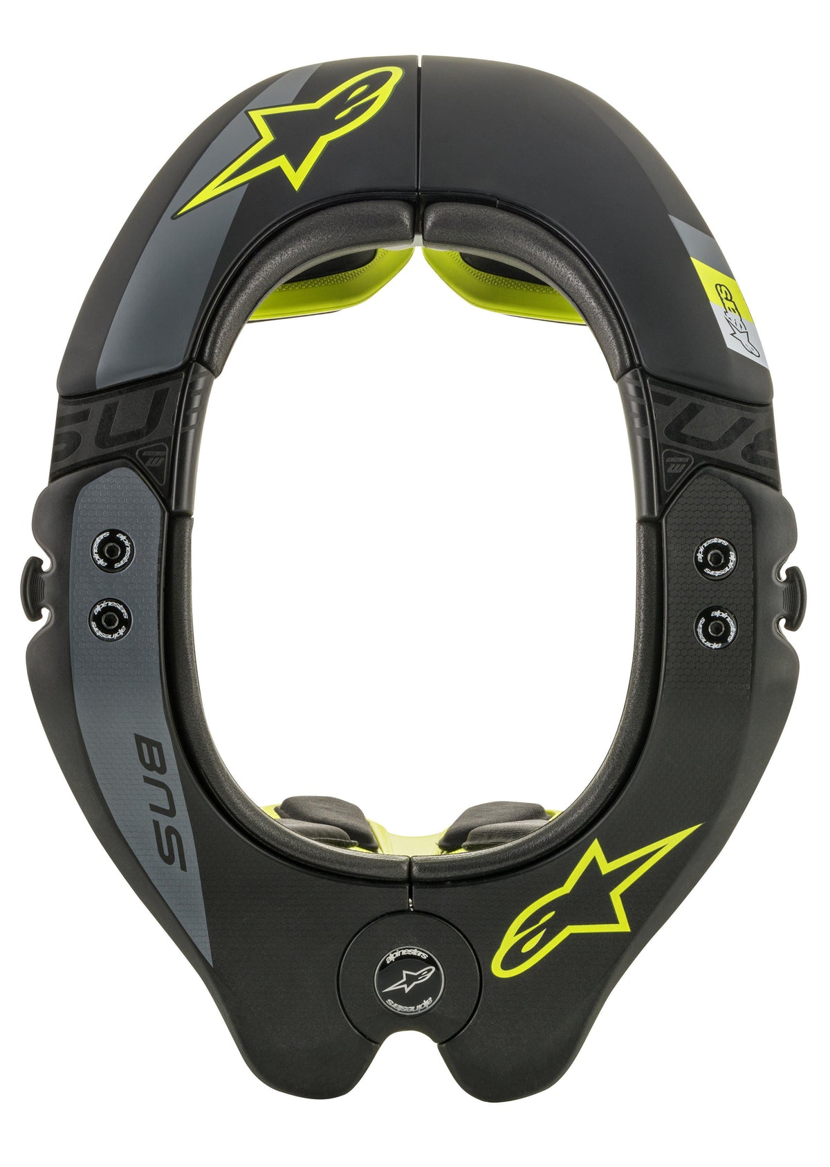 Alpinestars BNS Tech 2 Neck Support, ochraniacz szyi do motocrossu, czarny i fluorescencyjny żółty, widok z góry na owalną ramę z żółtym logo gwiazdy, szarymi akcentami i oznaczeniem „BNS”, zaprojektowany dla bezpieczeństwa w jeździe terenowej
