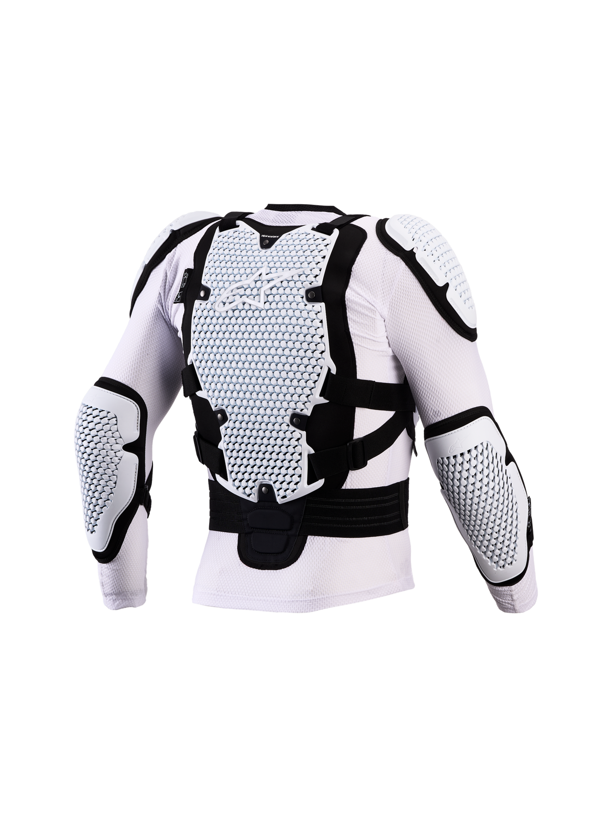 Alpinestars Kurtka Ochronna Bionic Action V3, biała i czarna zbroja motocrossowa, widok z tyłu na ochraniacze pleców i łokci A-Morph, certyfikowana CE, lekka i oddychająca konstrukcja z siatki.