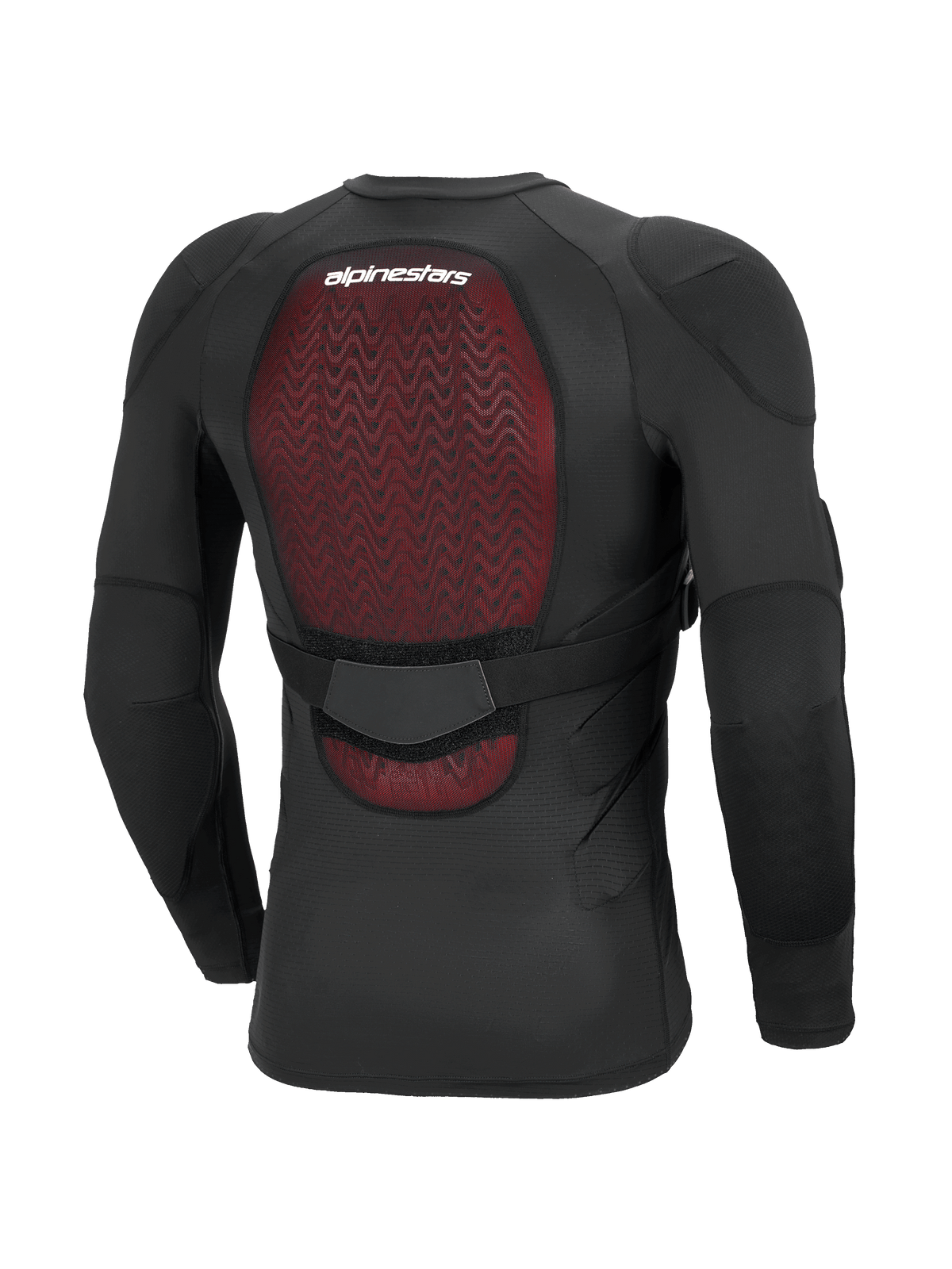 Alpinestars Bionic Plasma LT Protection Jacket - Long Sleeve, czarna, widok z tyłu prezentujący czerwony ochraniacz pleców Nucleon PLASMA, oddychająca konstrukcja z elastycznej siatki, regulowany pas oraz zintegrowana ochrona łokci i ramion