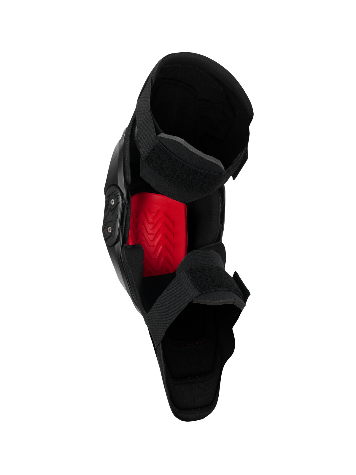 Alpinestars SX-1 Plasma Knee Protector, ochraniacz kolan do motocrossu, czarno-czerwony, widok od wewnątrz podkreślający czerwoną wkładkę Nucleon PLASMA oraz system zapięcia na dwa paski, zaprojektowany z myślą o wydajności off-road.