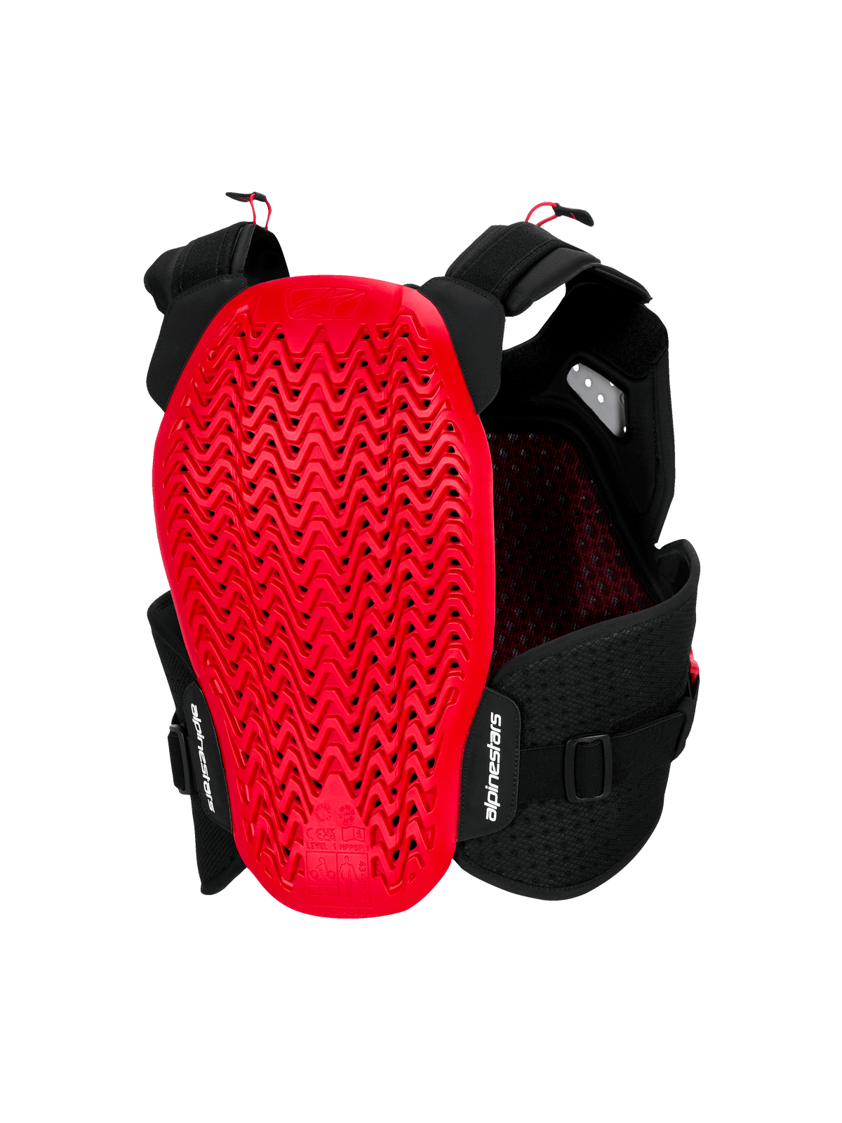 Ochraniacz klatki piersiowej Alpinestars A-4 Plasma, widok z tyłu, czarno-czerwony, wyposażony w duży czerwony ochraniacz pleców Nucleon PLASMA o falistej, perforowanej strukturze, czarna siatkowa konstrukcja z regulowanymi paskami i białe logo Alpinestars