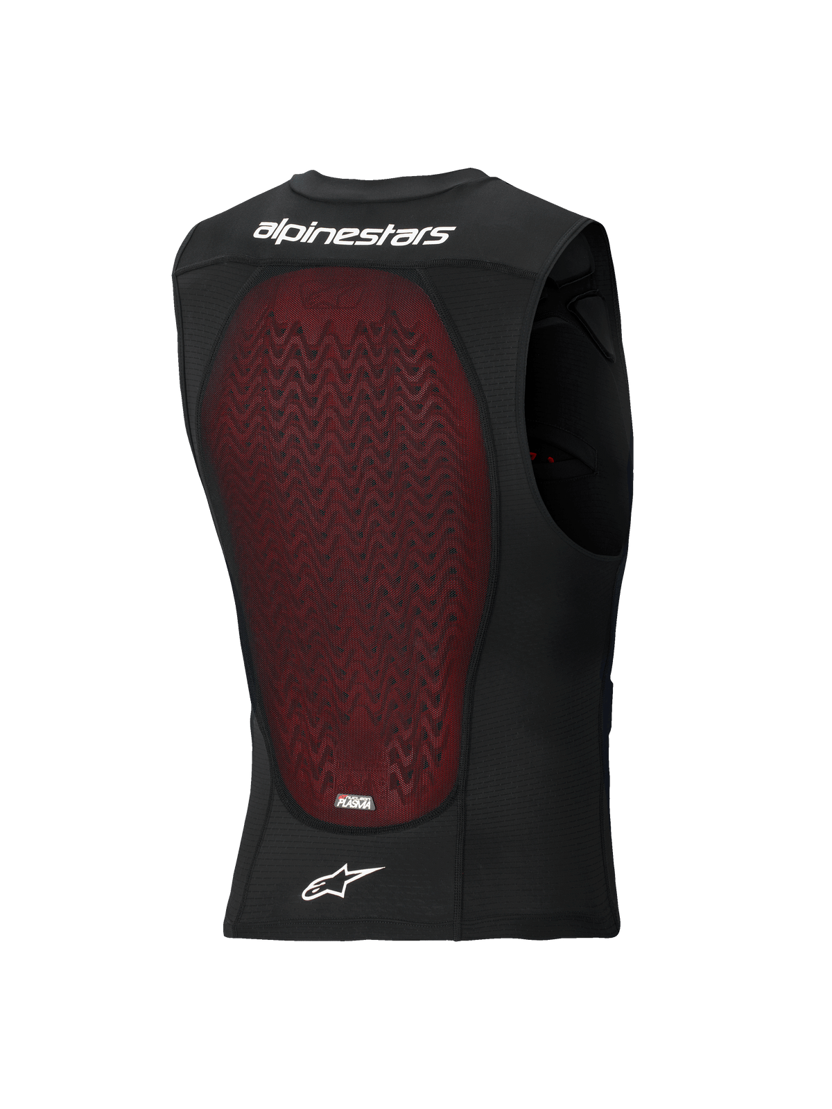 Kamizelka ochronna Alpinestars Bionic Plasma LT, widok z tyłu, czarna oddychająca siateczka z dużym czerwonym ochraniaczem pleców Nucleon PLASMA, biały napis i logo Alpinestars, przeznaczona do ochrony przed uderzeniami w motocrossie i jeździe terenowej