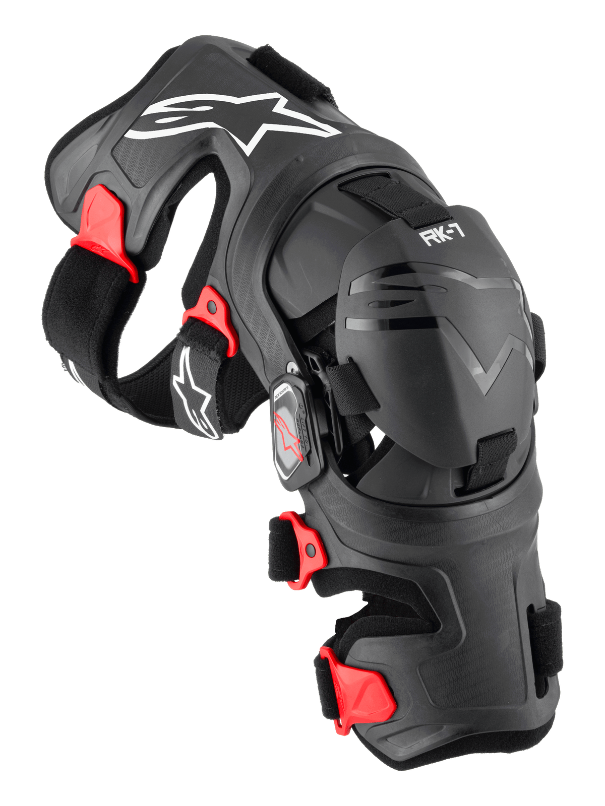 Alpinestars RK-7 Plasma Knee Brace, motocrossowa orteza kolana, czarna z czerwonymi akcentami i białym logo, ergonomiczna rama wzmocniona włóknem z regulowanymi paskami i systemem zawiasów czteropunktowych, wytrzymały sprzęt ochronny off-road